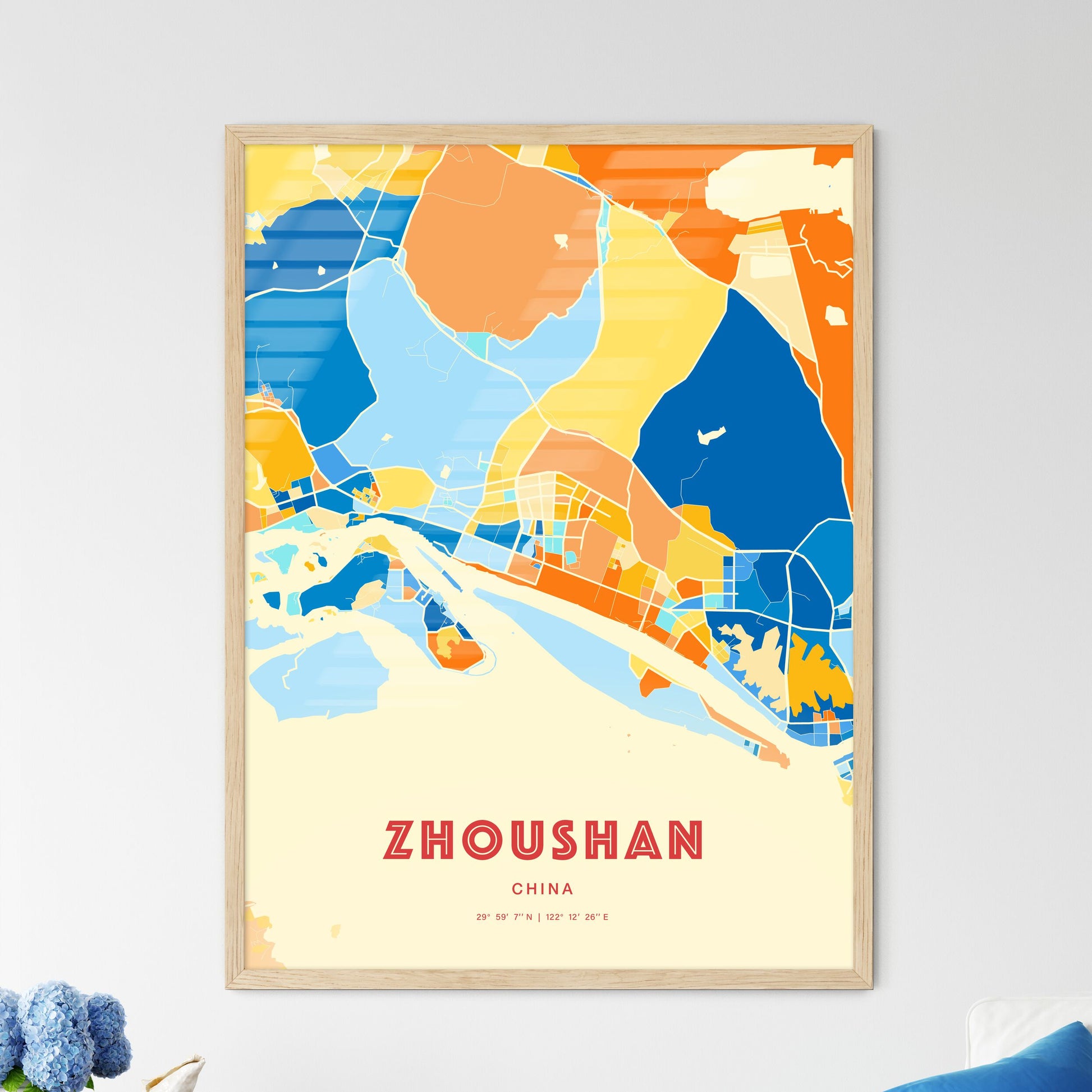 Colorful ZHOUSHAN CHINA Fine Art Map Blue Orange