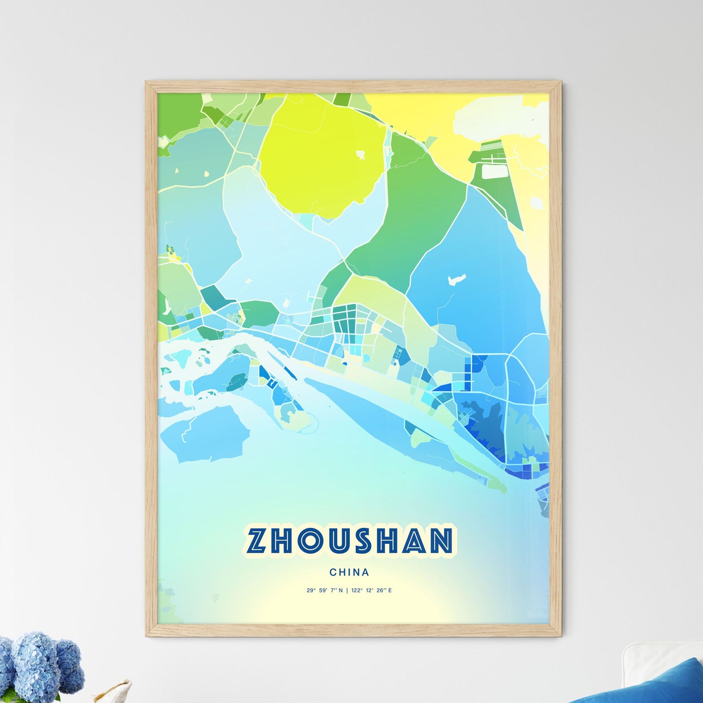 Colorful ZHOUSHAN CHINA Fine Art Map Cool Blue