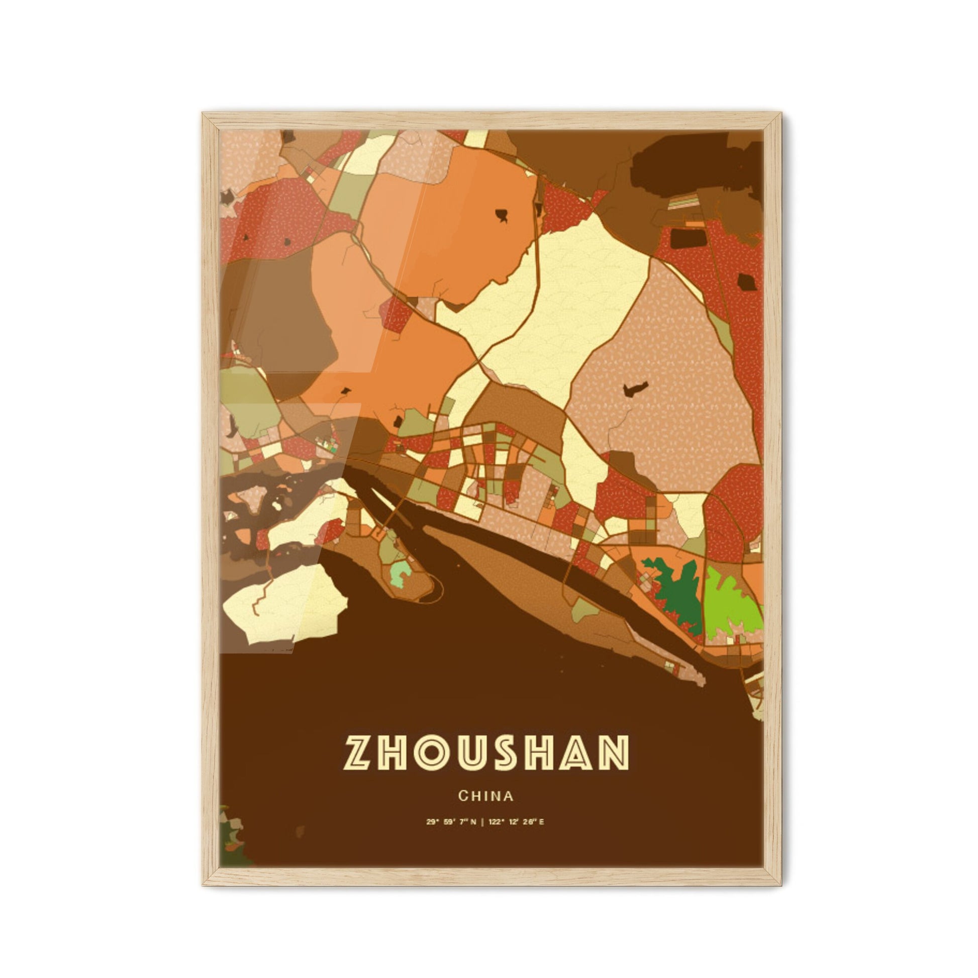 Colorful ZHOUSHAN CHINA Fine Art Map Farmhouse