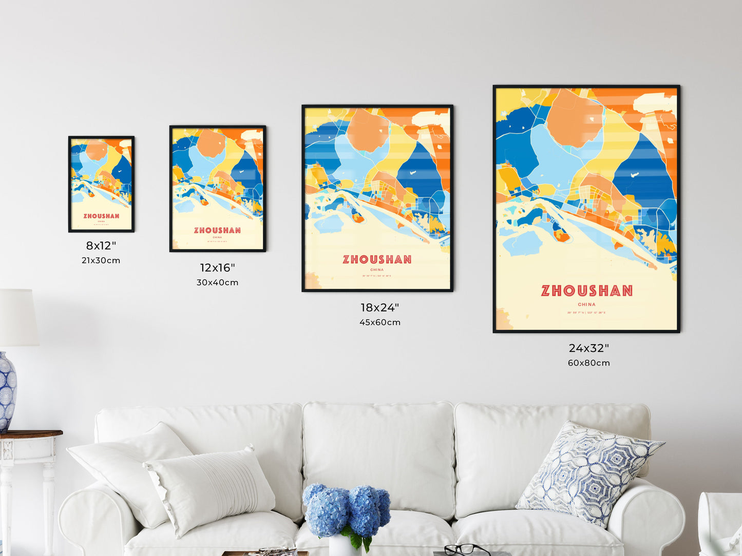 Colorful ZHOUSHAN CHINA Fine Art Map Blue Orange