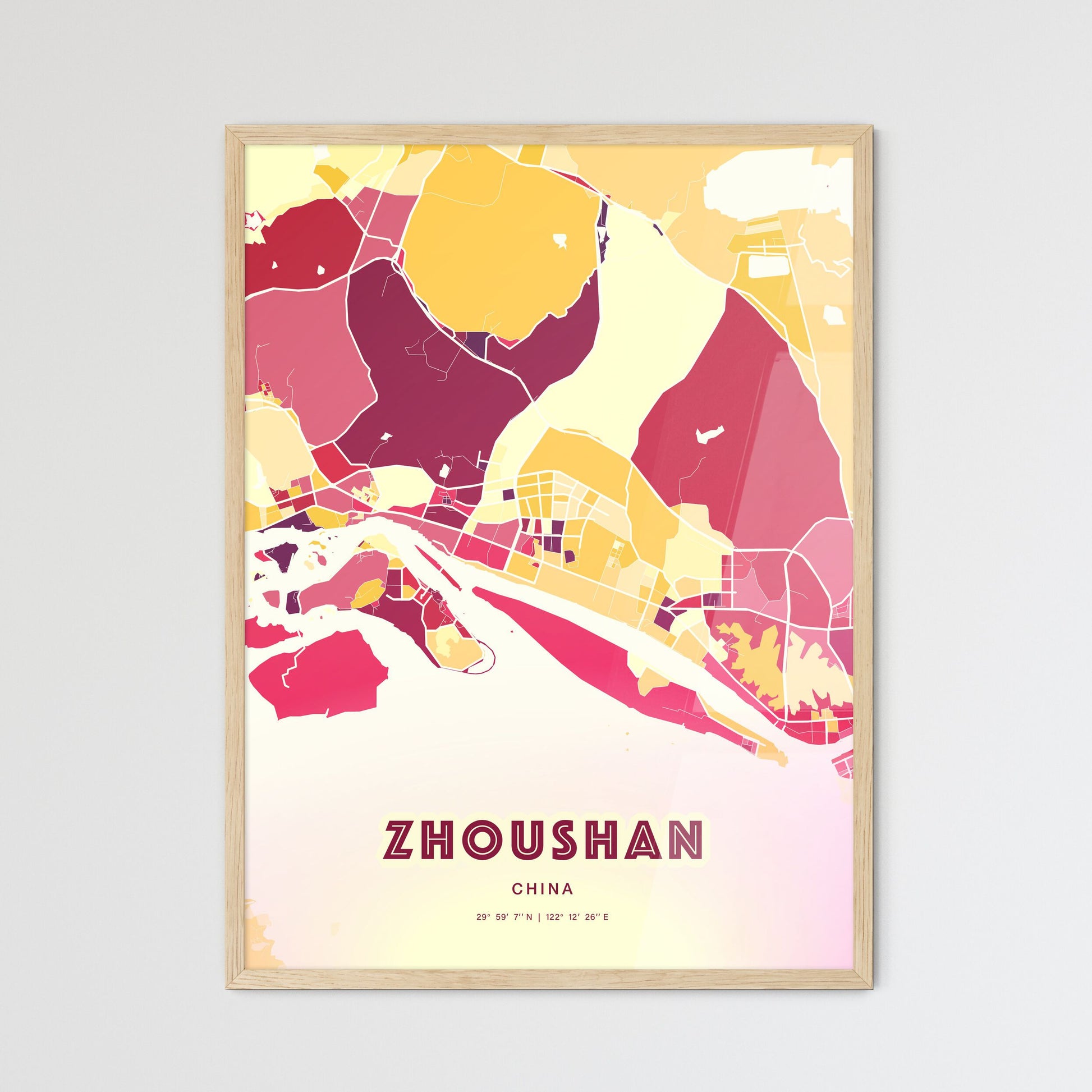 Colorful ZHOUSHAN CHINA Fine Art Map Hot Red