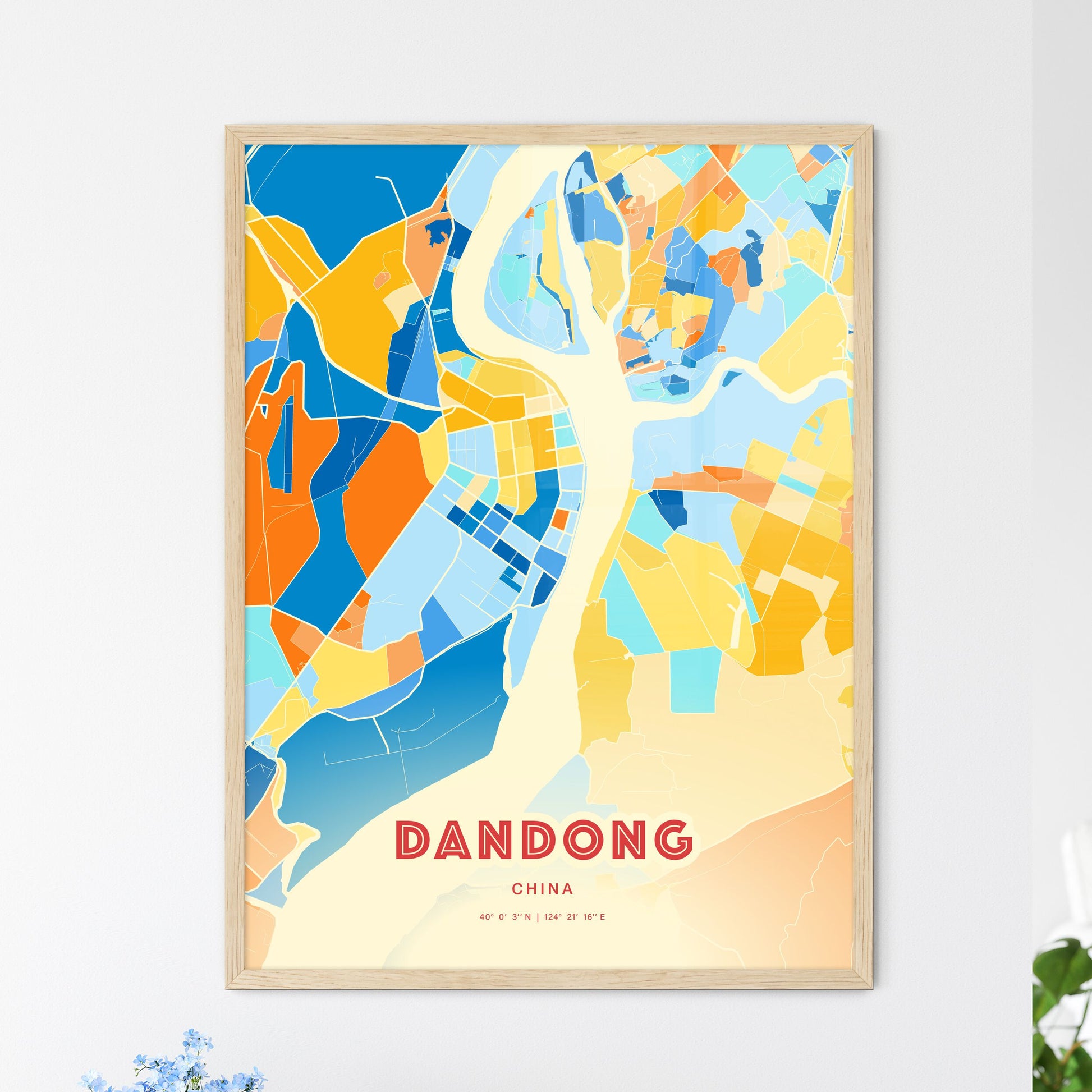 Colorful DANDONG CHINA Fine Art Map Blue Orange