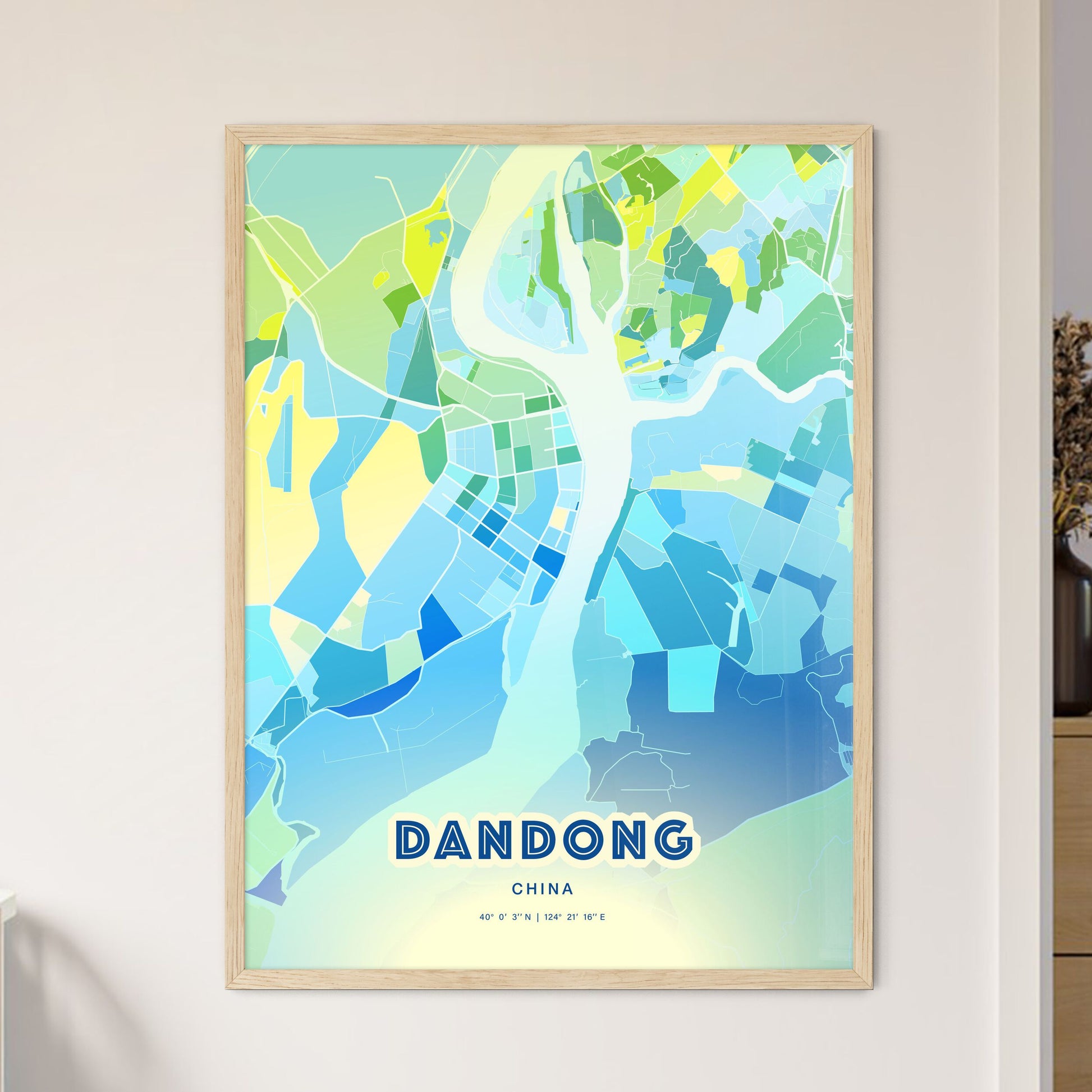 Colorful DANDONG CHINA Fine Art Map Cool Blue