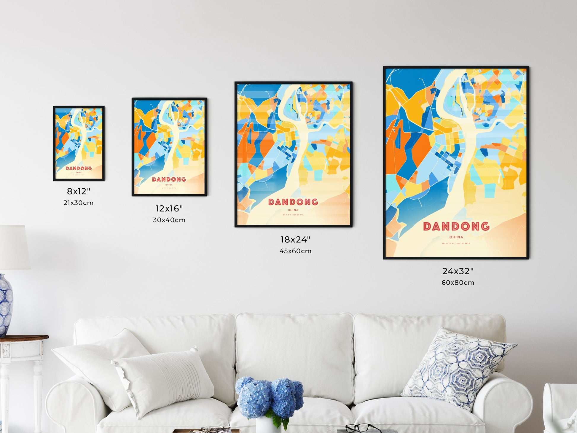 Colorful DANDONG CHINA Fine Art Map Blue Orange