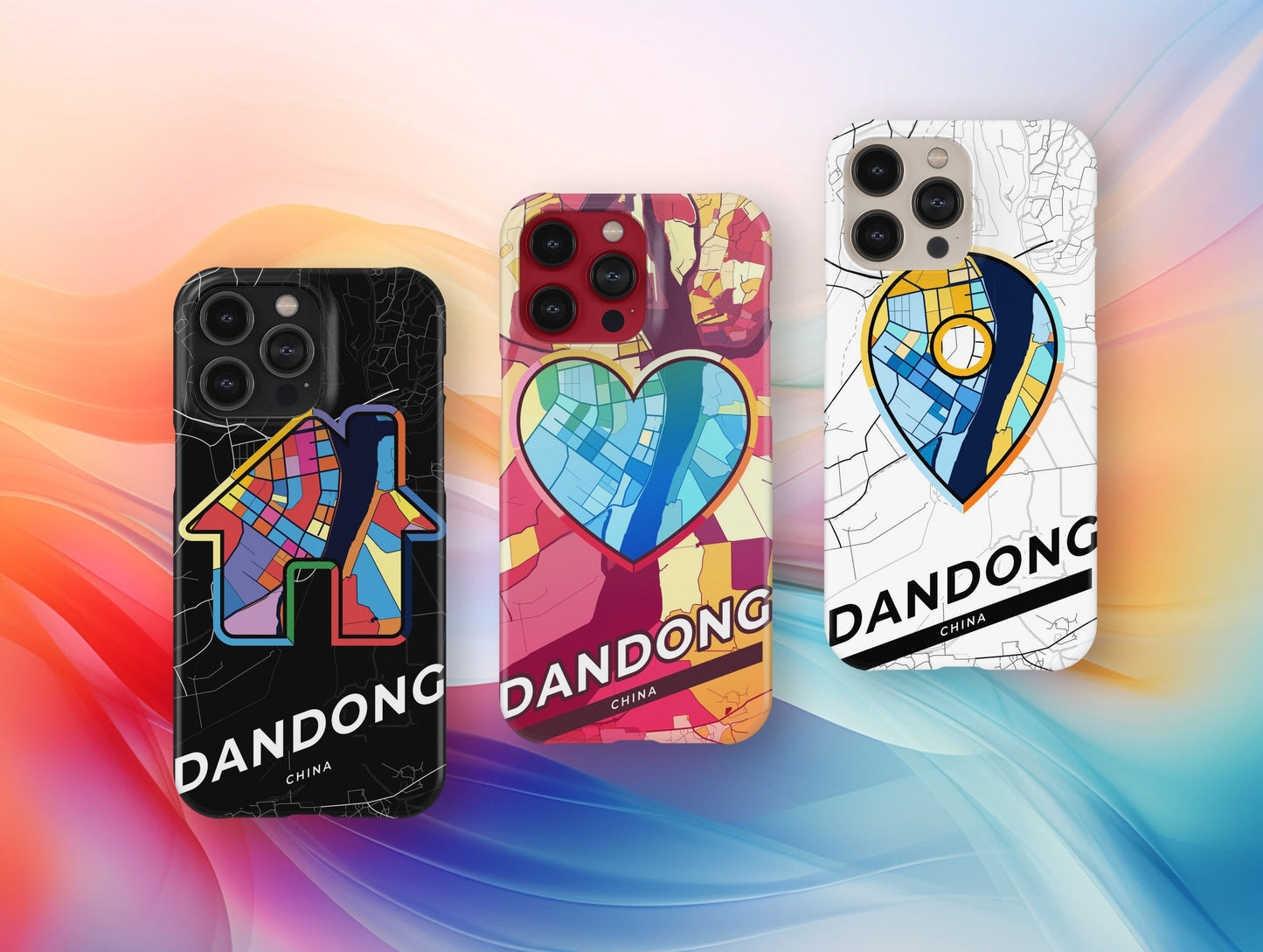 Dandong China slim phone case with colorful icon. Birthday, wedding or housewarming gift. Couple match cases.
