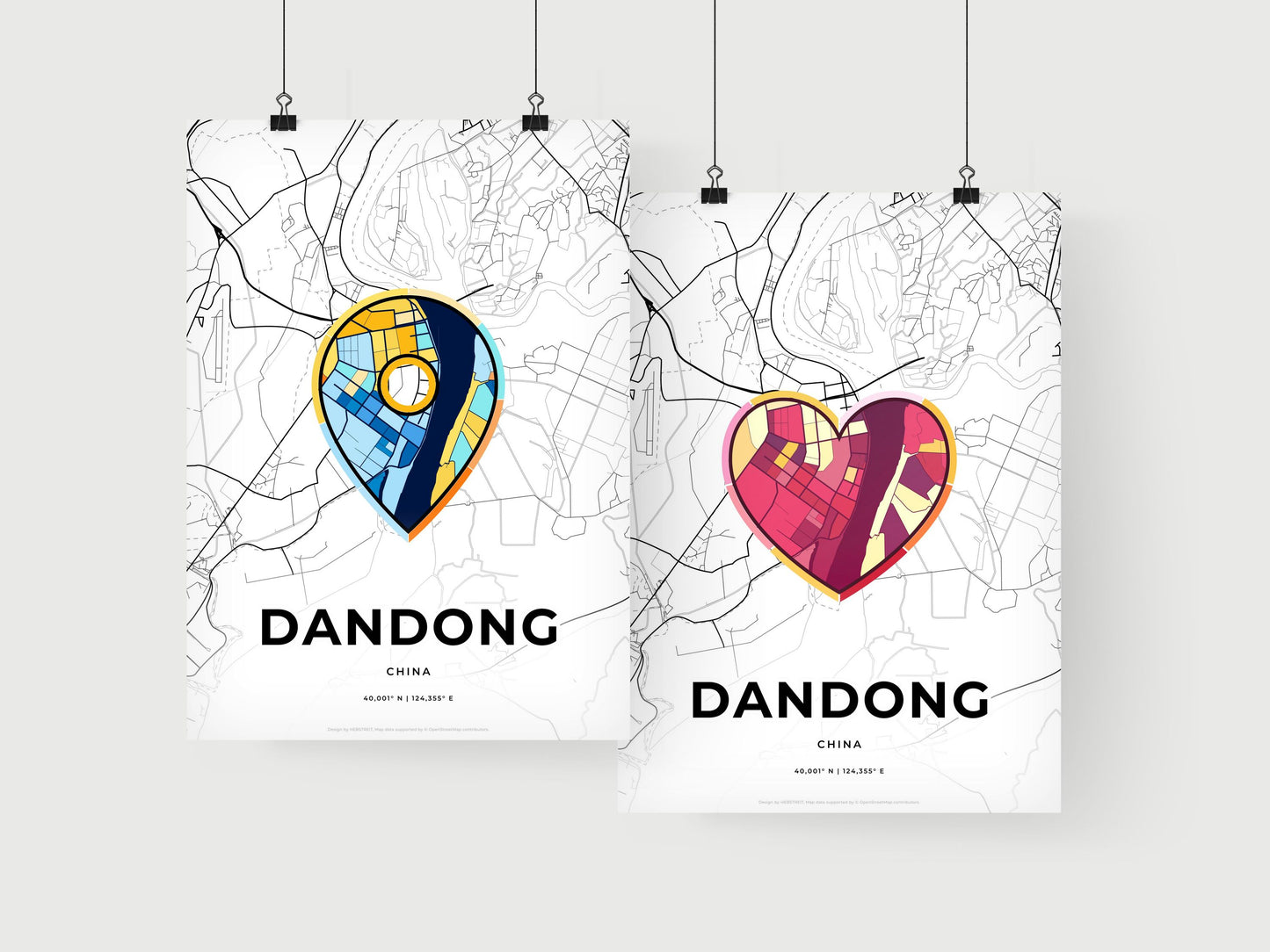 DANDONG CHINA minimal art map with a colorful icon. Where it all began, Couple map gift.