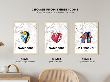 DANDONG CHINA minimal art map with a colorful icon. Where it all began, Couple map gift.