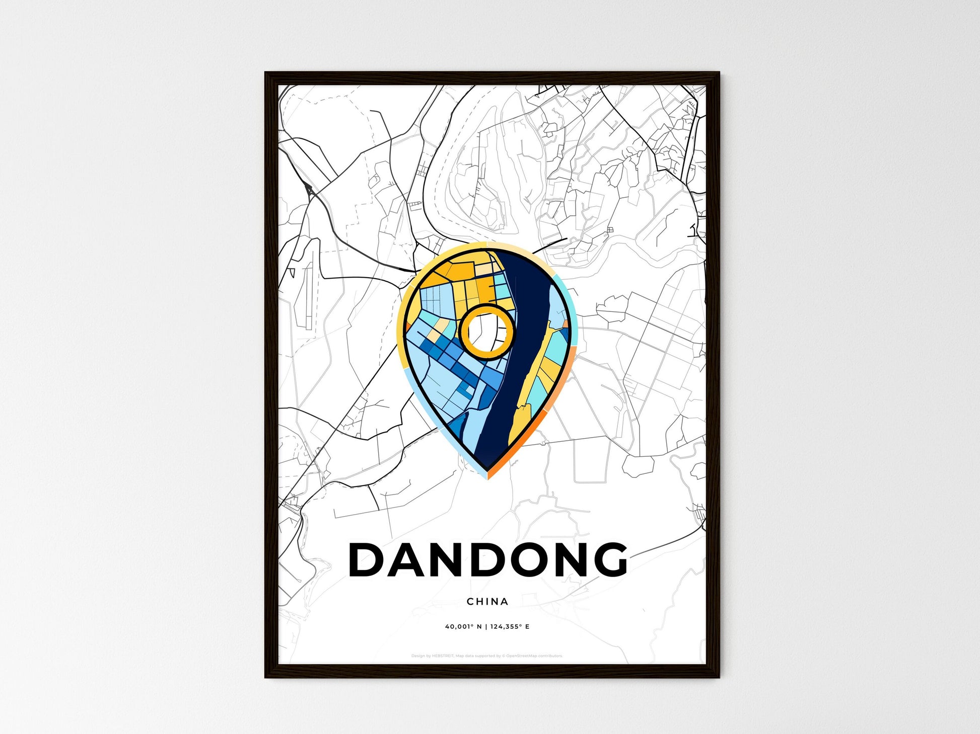 DANDONG CHINA minimal art map with a colorful icon. Where it all began, Couple map gift. Style 1