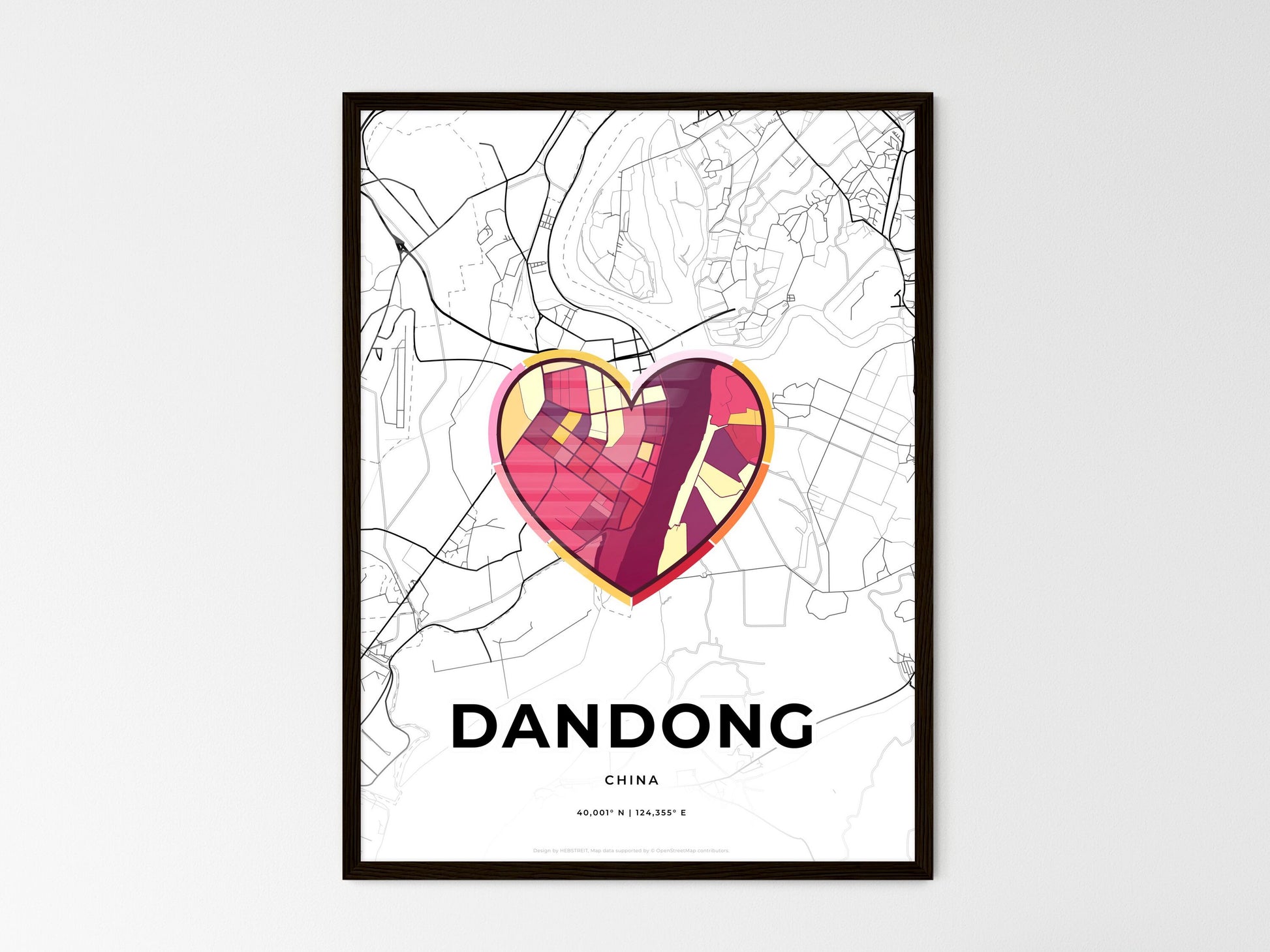 DANDONG CHINA minimal art map with a colorful icon. Where it all began, Couple map gift. Style 2