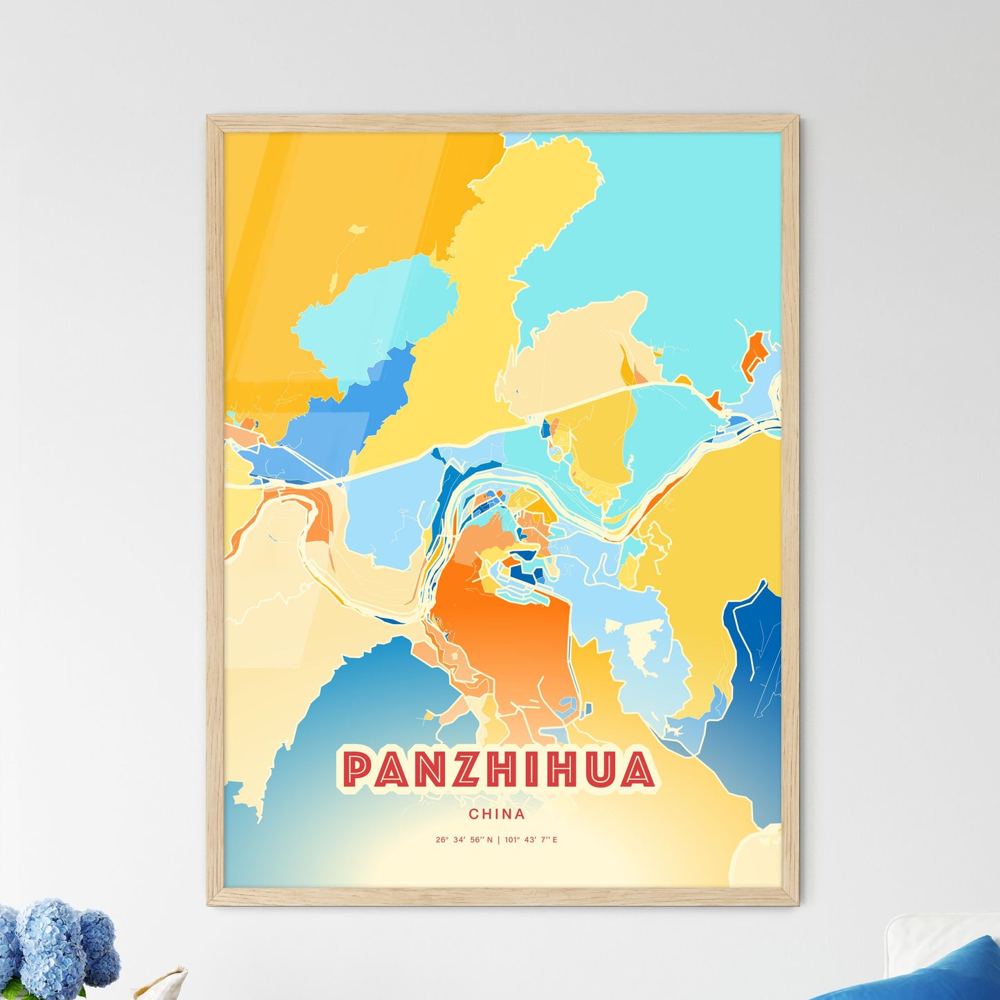 Colorful PANZHIHUA CHINA Fine Art Map Blue Orange