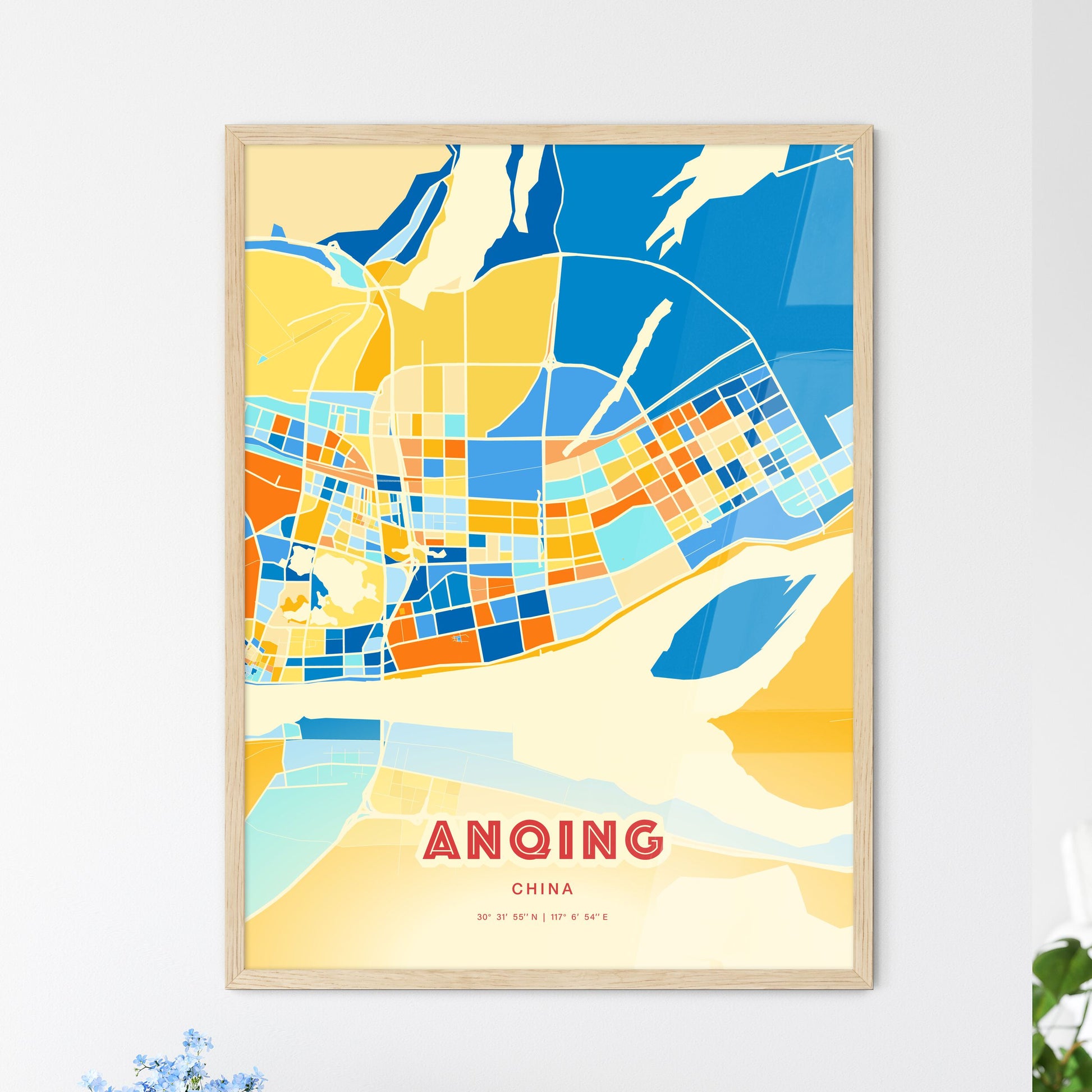 Colorful ANQING CHINA Fine Art Map Blue Orange