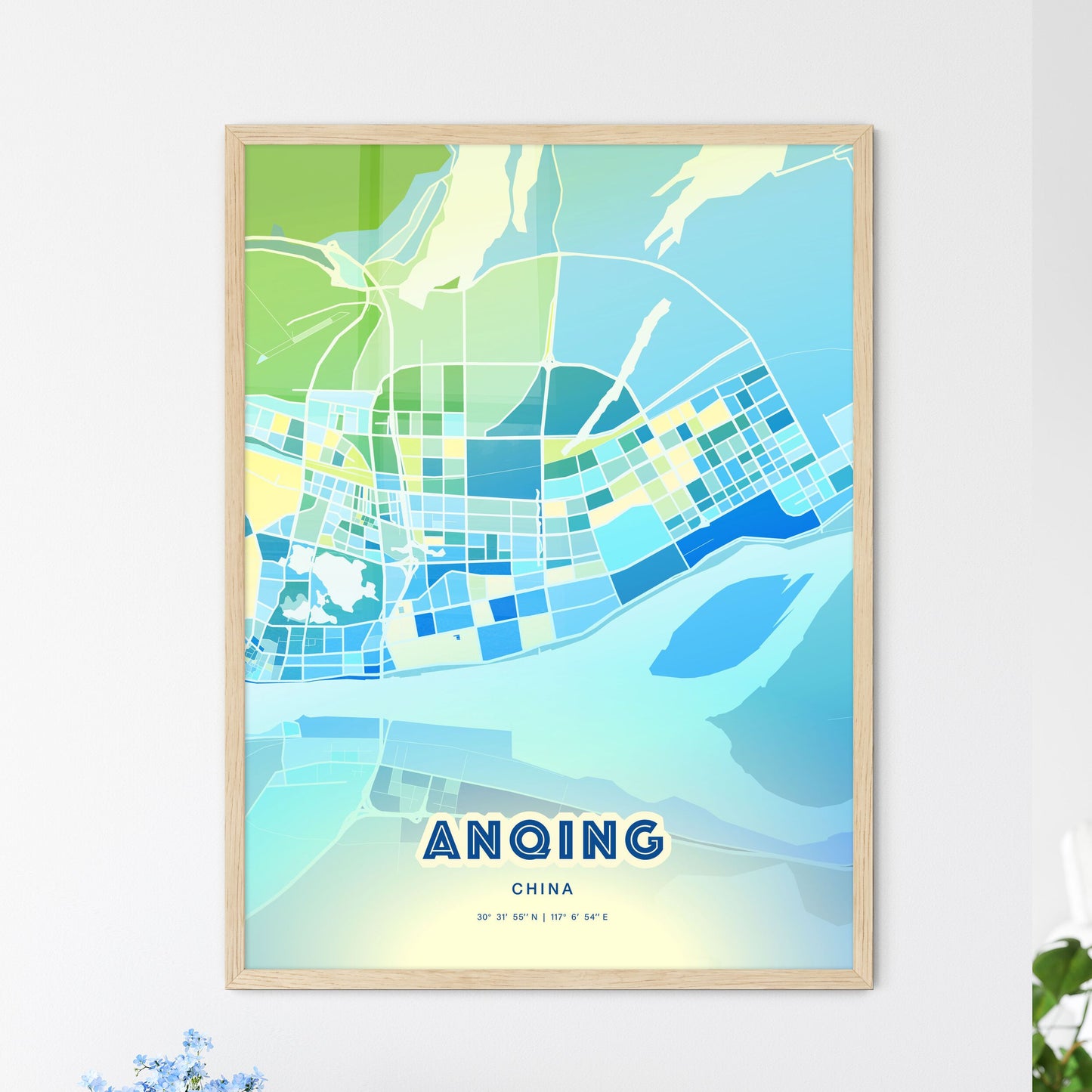 Colorful ANQING CHINA Fine Art Map Cool Blue