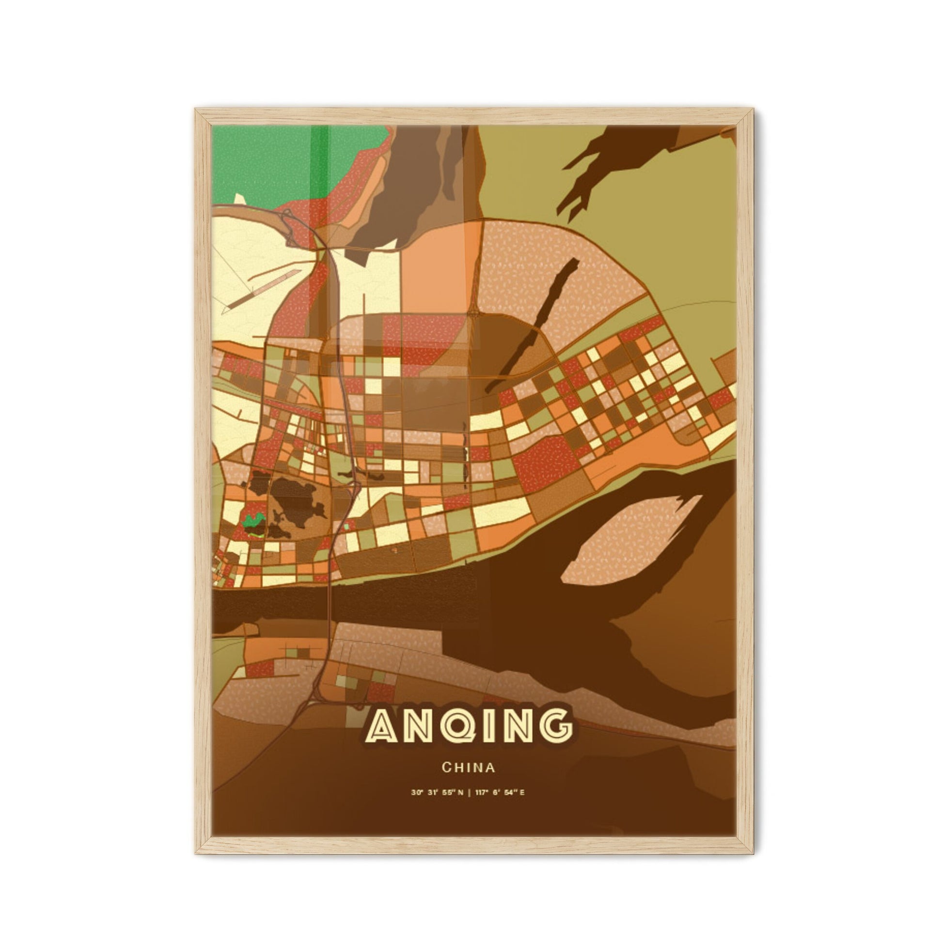 Colorful ANQING CHINA Fine Art Map Farmhouse