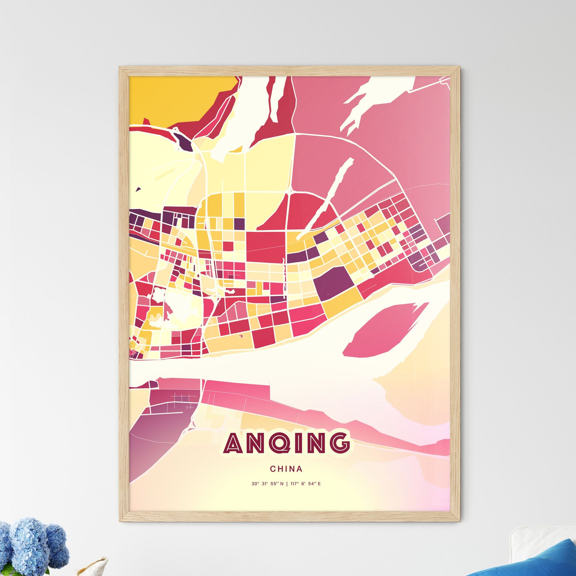 Colorful ANQING CHINA Fine Art Map Hot Red