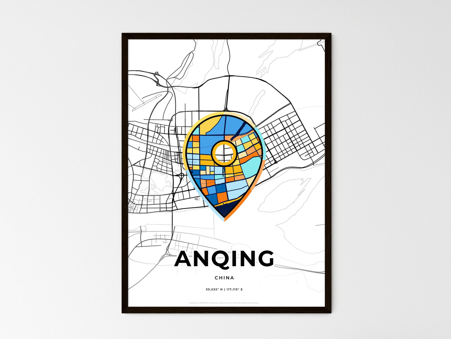 ANQING CHINA minimal art map with a colorful icon. Where it all began, Couple map gift. Style 1