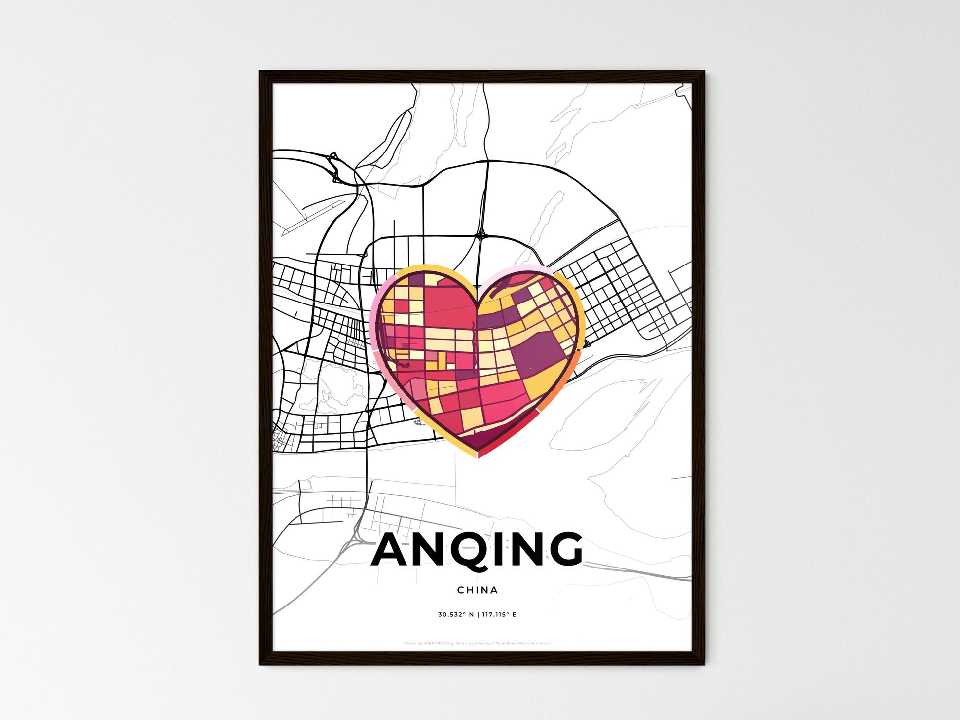 ANQING CHINA minimal art map with a colorful icon. Where it all began, Couple map gift. Style 2