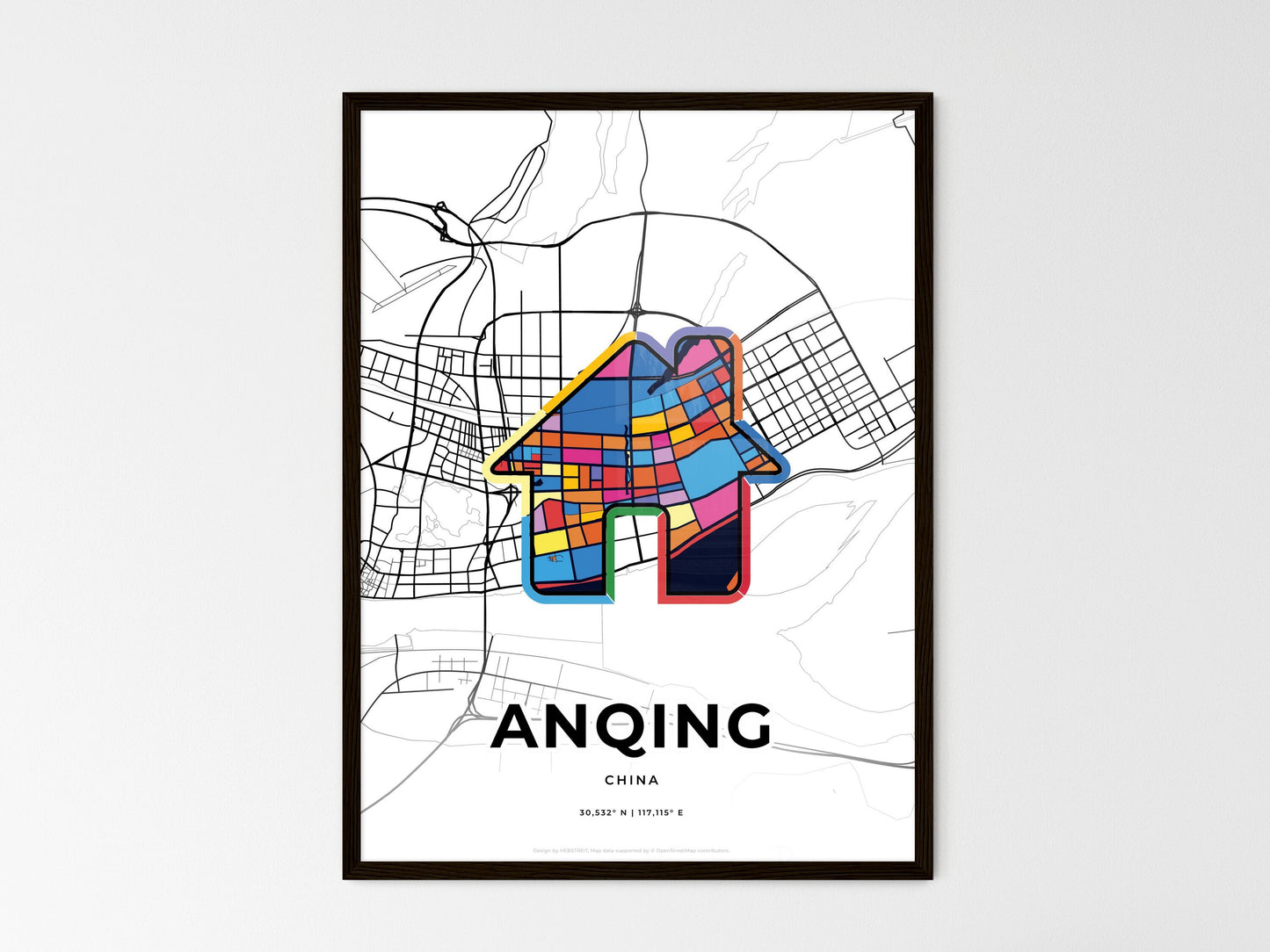 ANQING CHINA minimal art map with a colorful icon. Where it all began, Couple map gift. Style 3