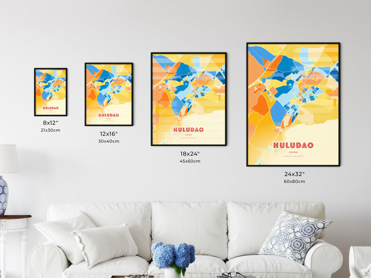 Colorful HULUDAO CHINA Fine Art Map Blue Orange