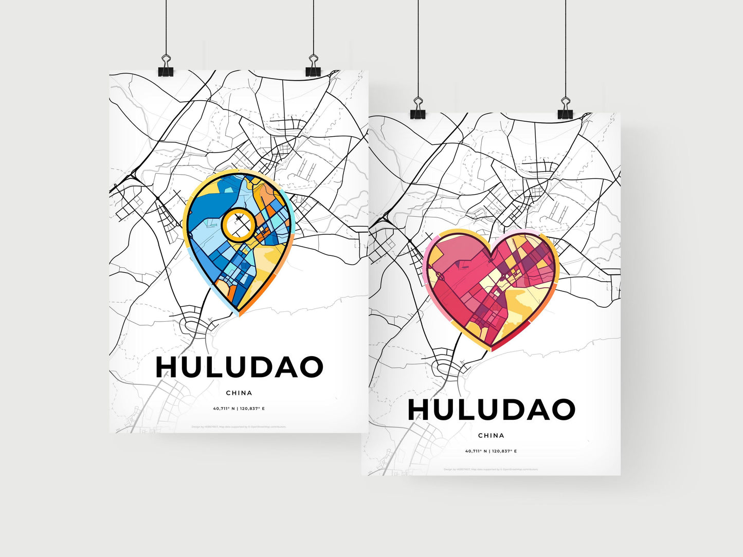 HULUDAO CHINA minimal art map with a colorful icon. Where it all began, Couple map gift.