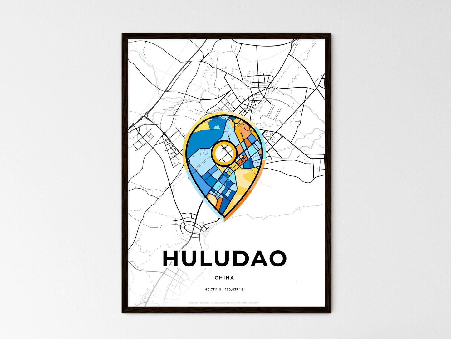 HULUDAO CHINA minimal art map with a colorful icon. Where it all began, Couple map gift. Style 1