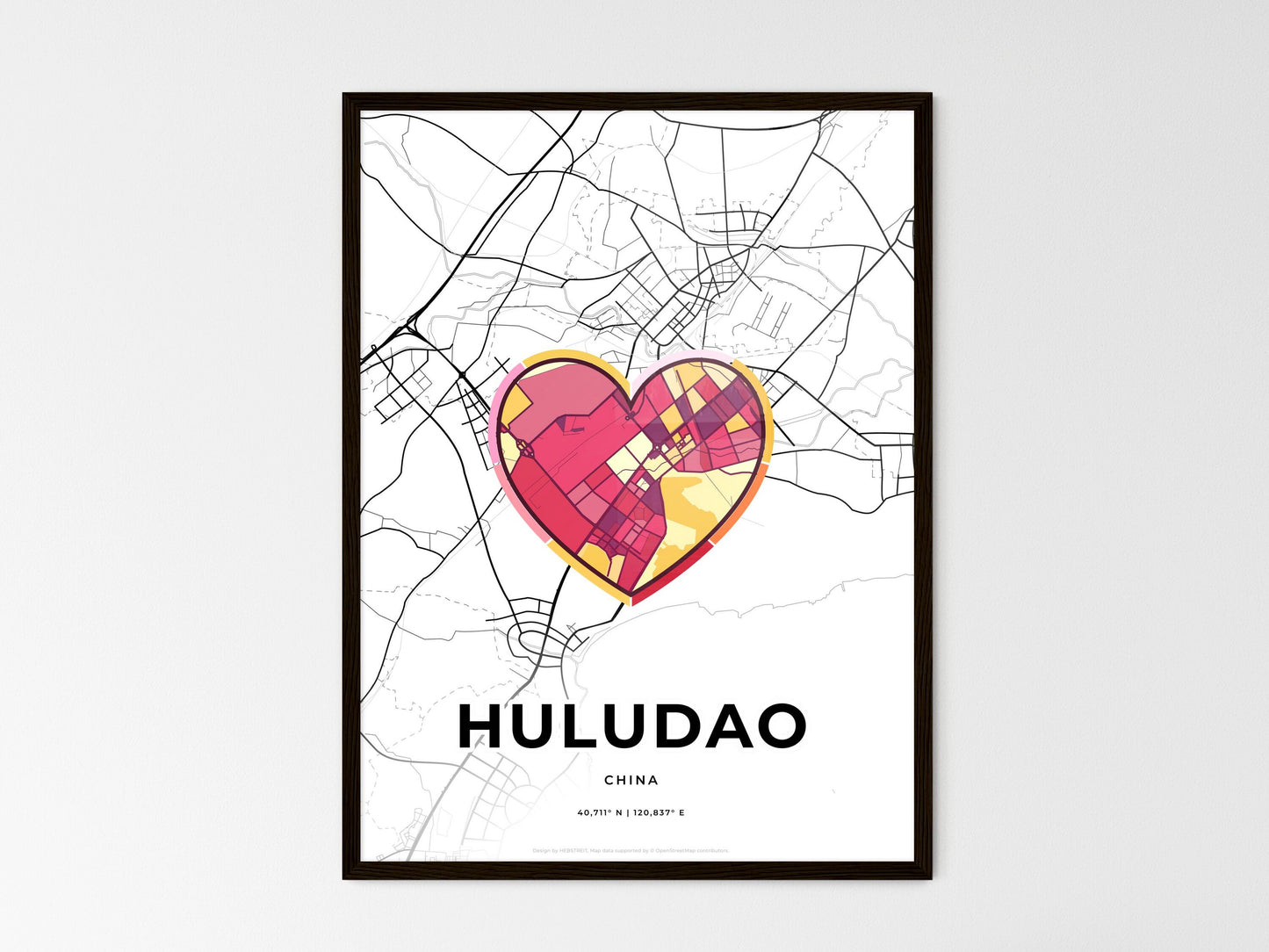 HULUDAO CHINA minimal art map with a colorful icon. Where it all began, Couple map gift. Style 2