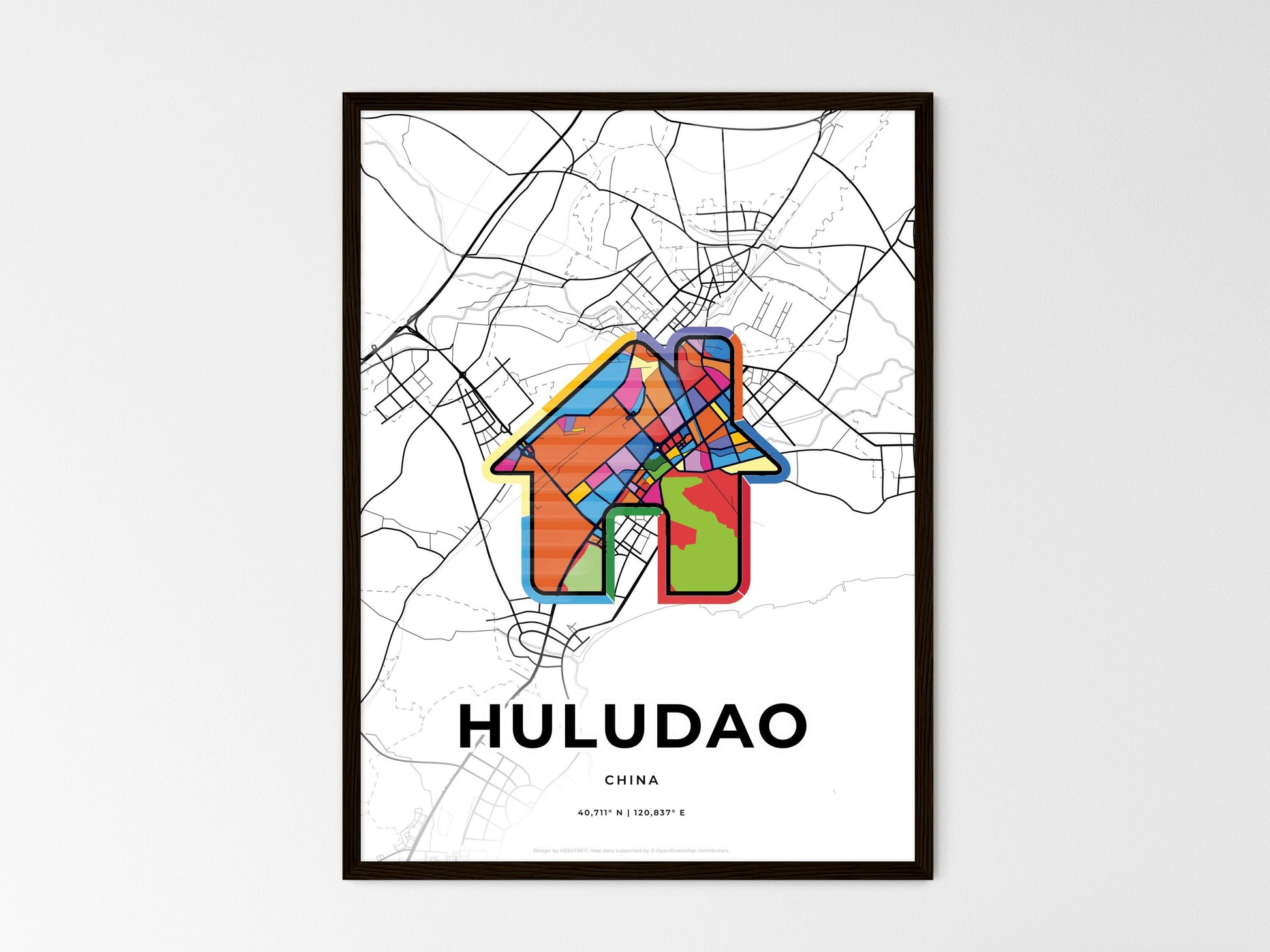 HULUDAO CHINA minimal art map with a colorful icon. Where it all began, Couple map gift. Style 3