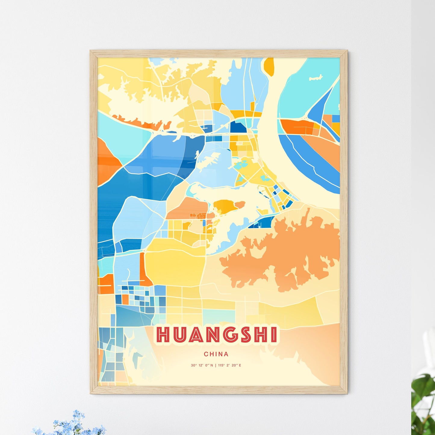 Colorful HUANGSHI CHINA Fine Art Map Blue Orange