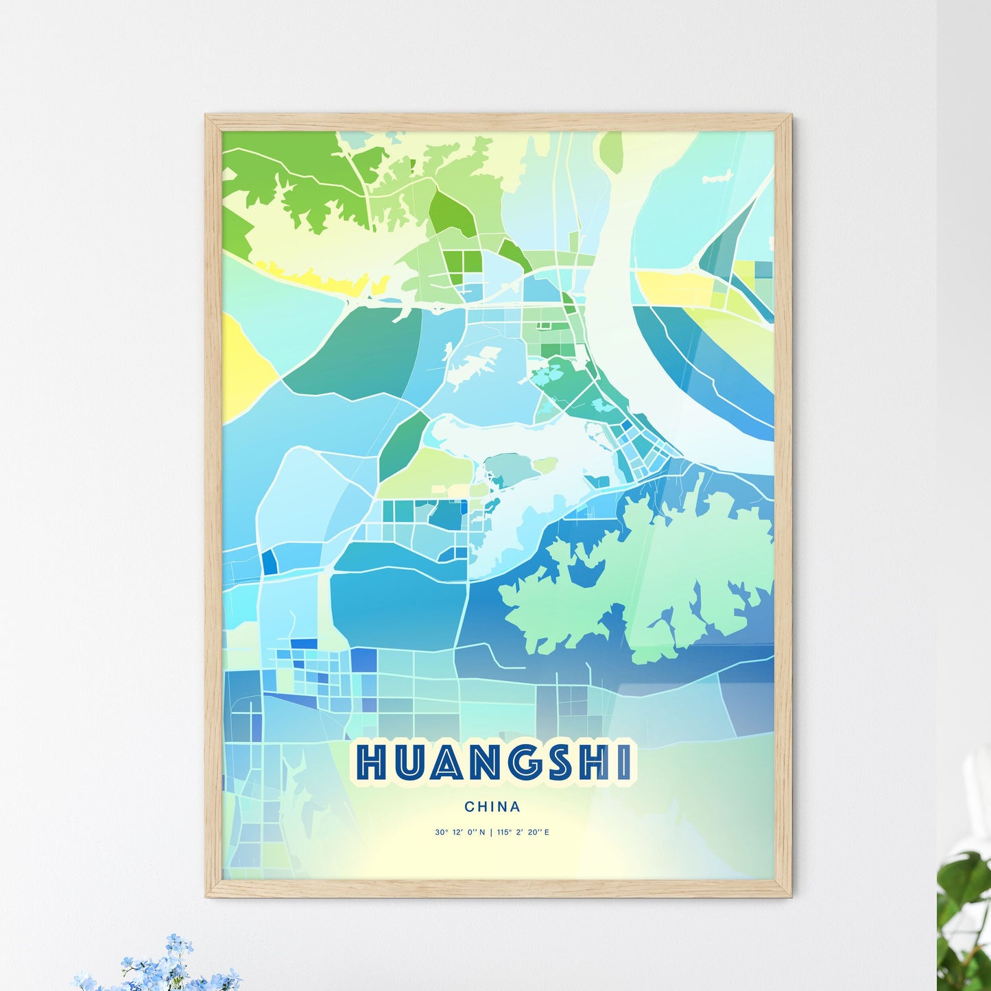 Colorful HUANGSHI CHINA Fine Art Map Cool Blue