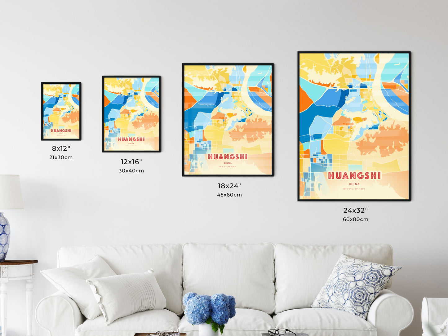 Colorful HUANGSHI CHINA Fine Art Map Blue Orange