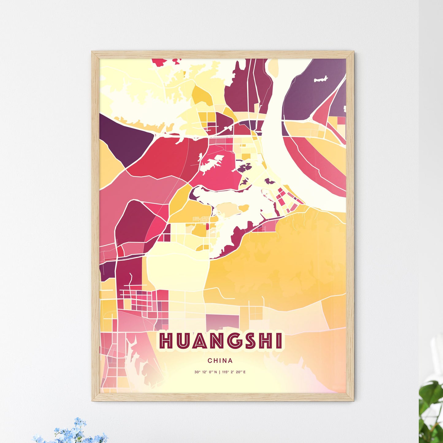 Colorful HUANGSHI CHINA Fine Art Map Hot Red