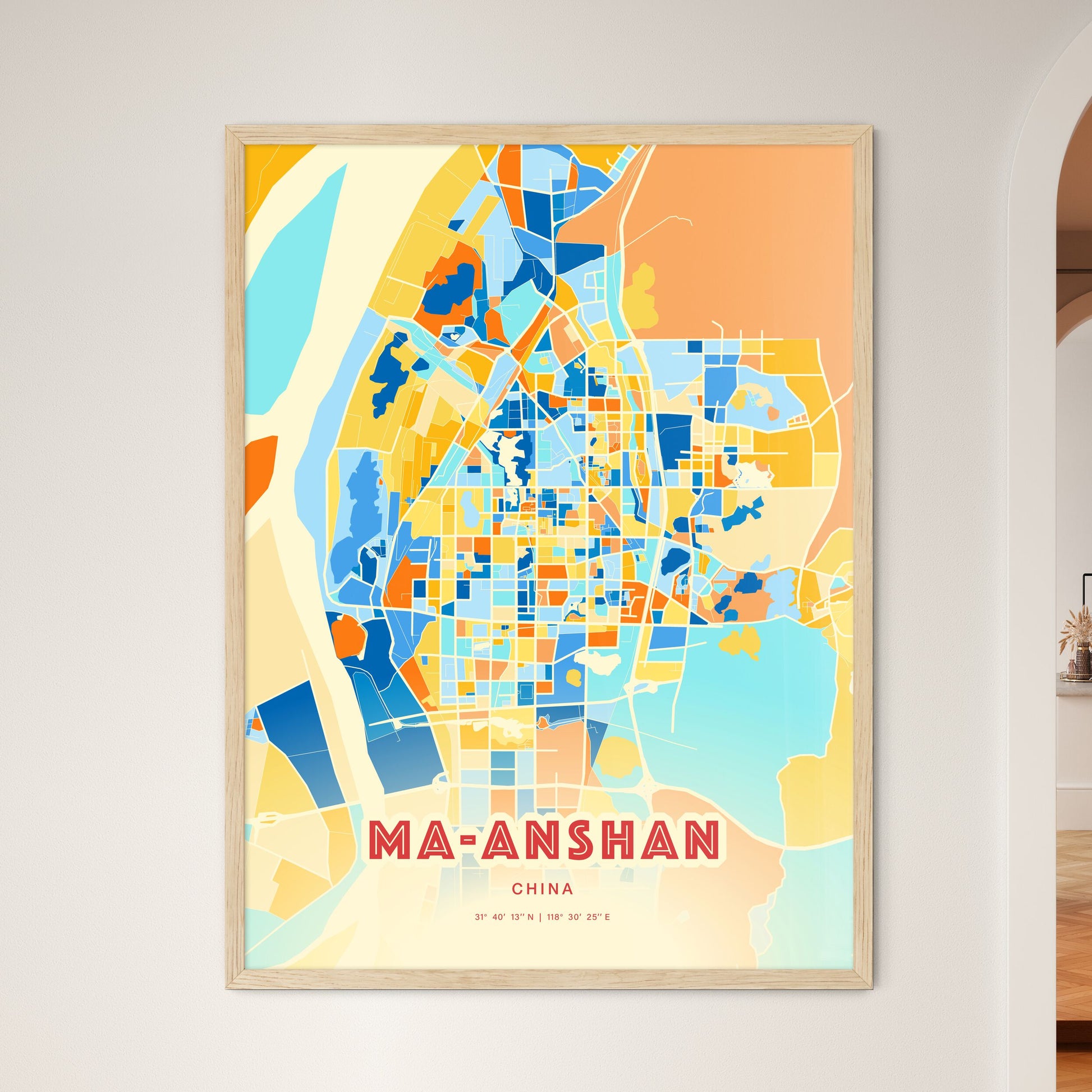 Colorful MA-ANSHAN CHINA Fine Art Map Blue Orange