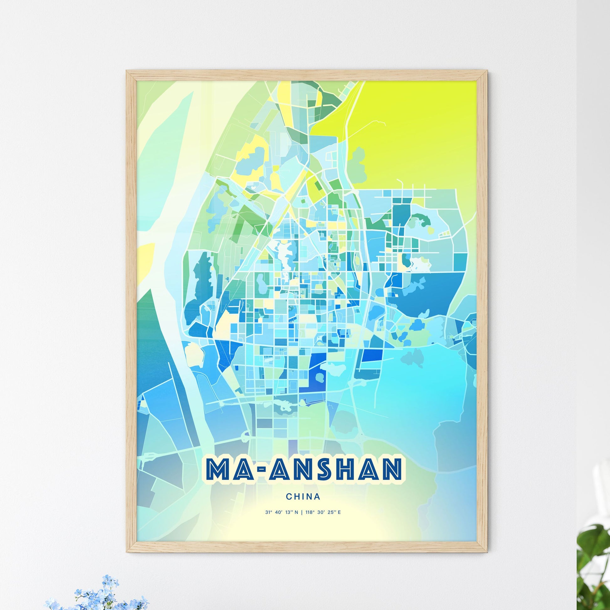 Colorful MA-ANSHAN CHINA Fine Art Map Cool Blue