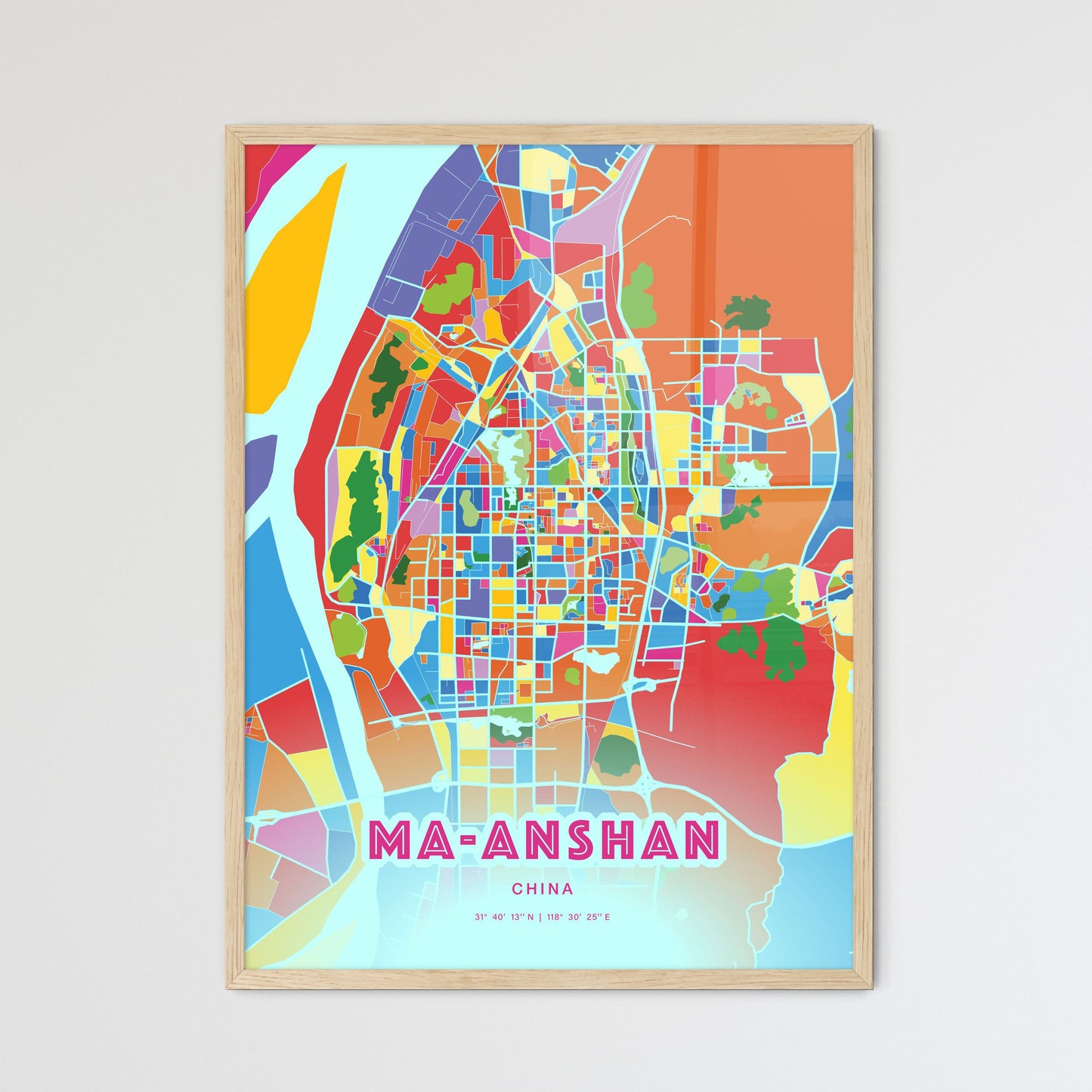 Colorful MA-ANSHAN CHINA Fine Art Map Crazy Colors