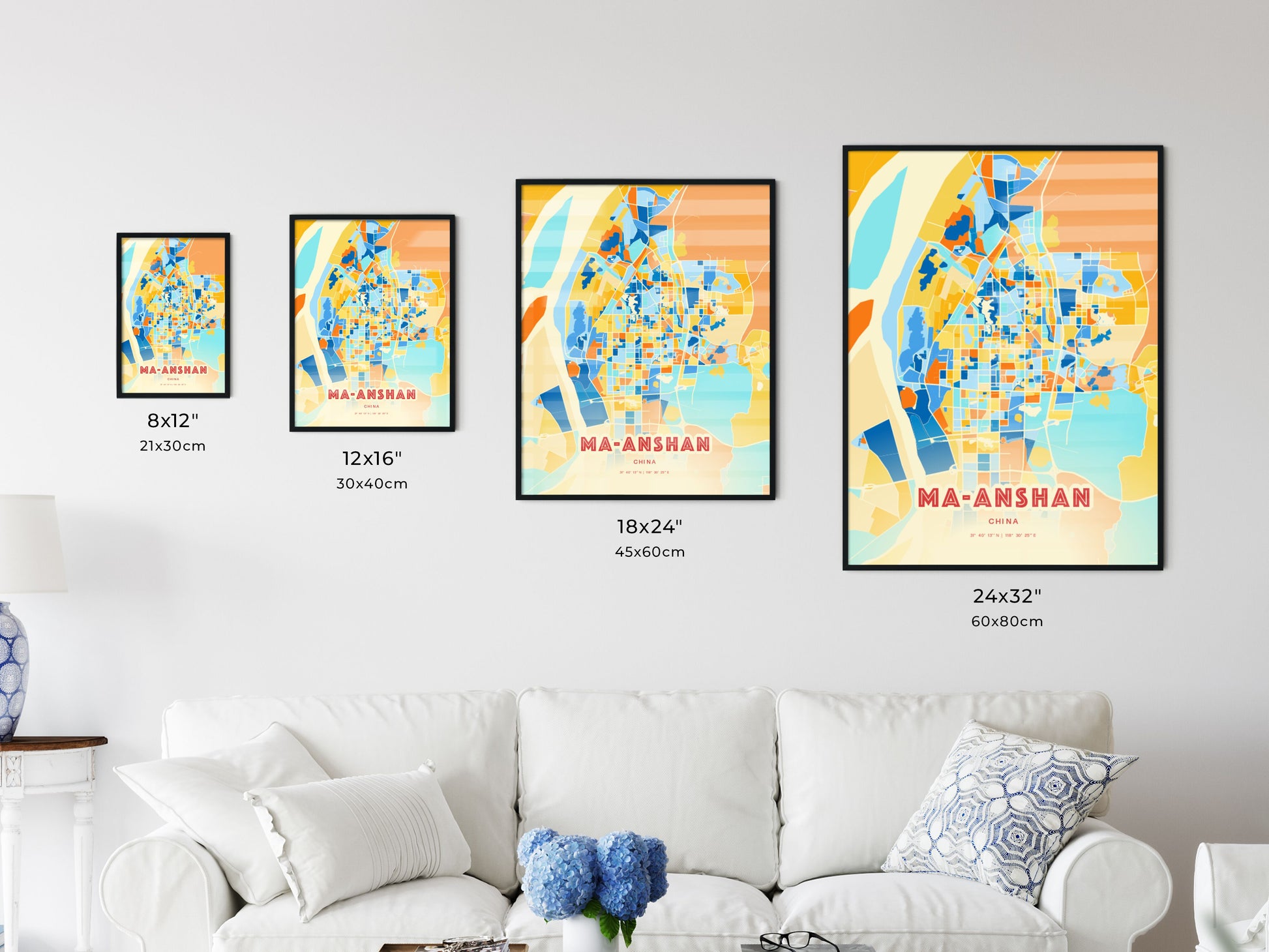 Colorful MA-ANSHAN CHINA Fine Art Map Blue Orange