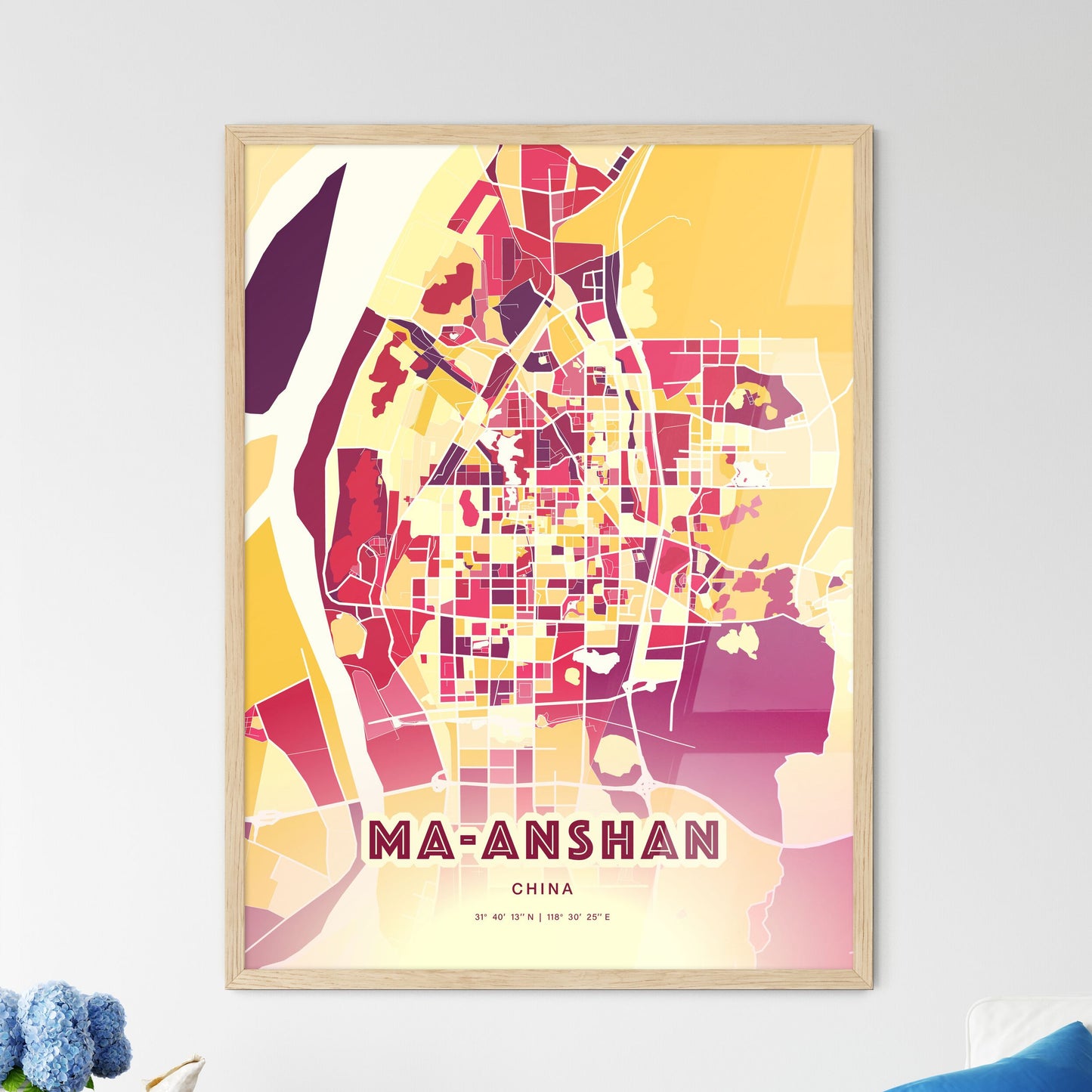 Colorful MA-ANSHAN CHINA Fine Art Map Hot Red