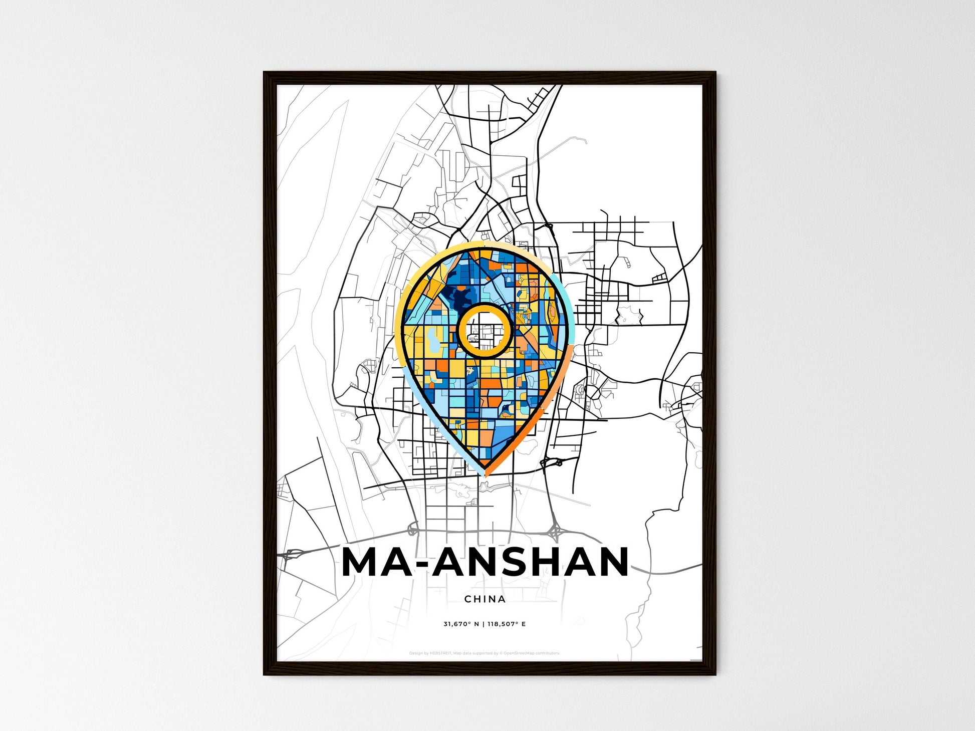 MA-ANSHAN CHINA minimal art map with a colorful icon. Where it all began, Couple map gift. Style 1
