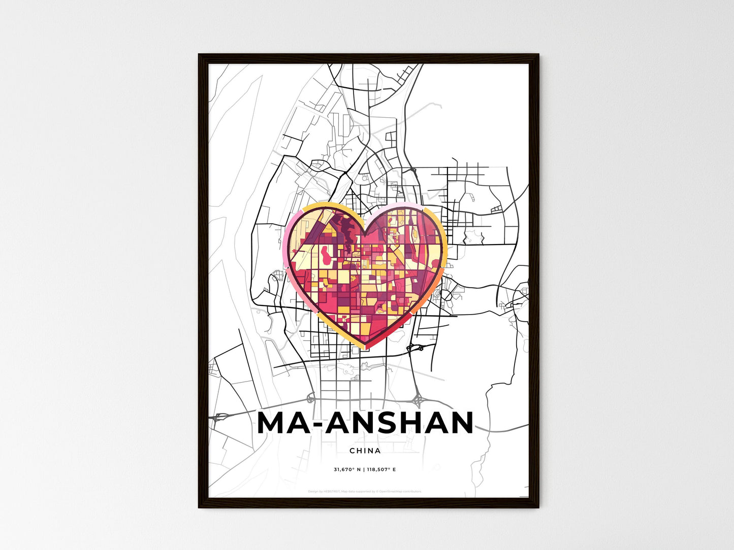 MA-ANSHAN CHINA minimal art map with a colorful icon. Where it all began, Couple map gift. Style 2