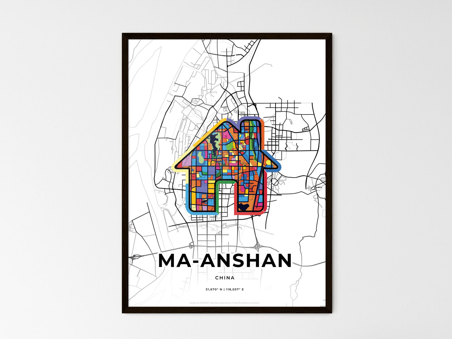 MA-ANSHAN CHINA minimal art map with a colorful icon. Where it all began, Couple map gift. Style 3