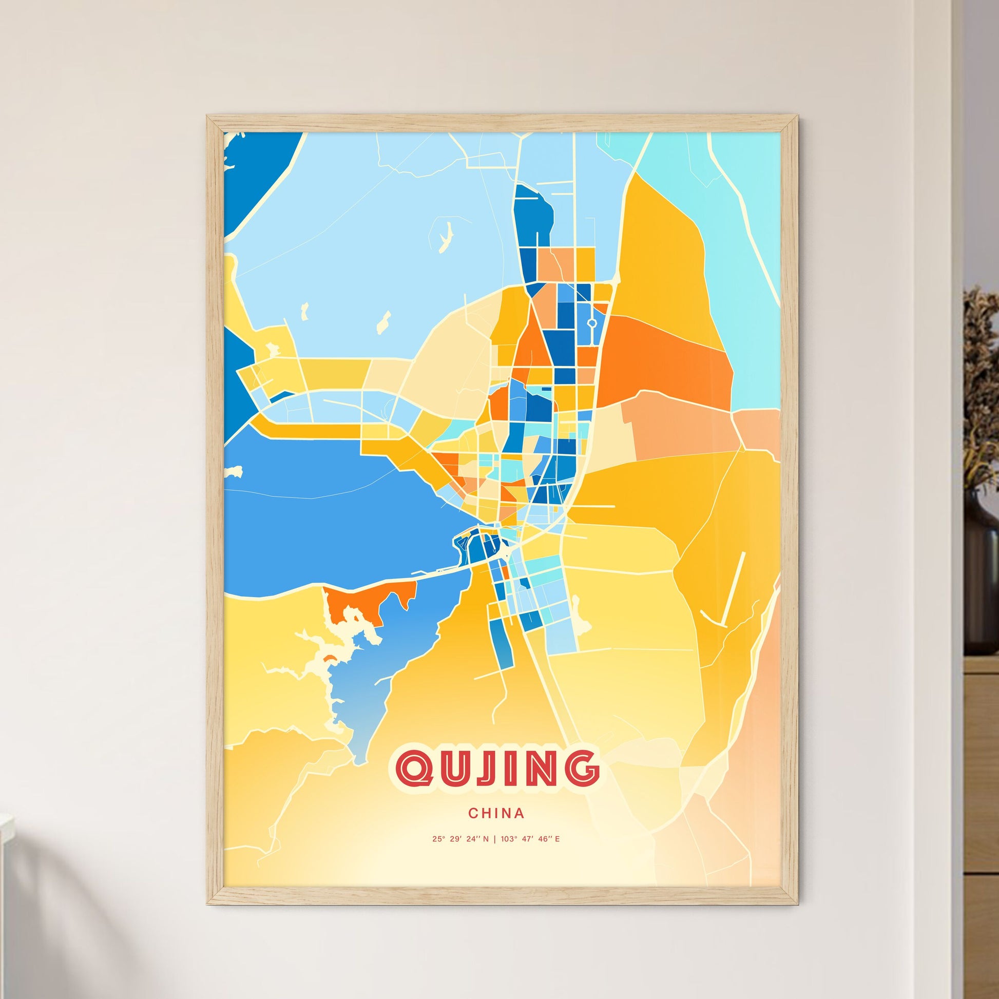 Colorful QUJING CHINA Fine Art Map Blue Orange