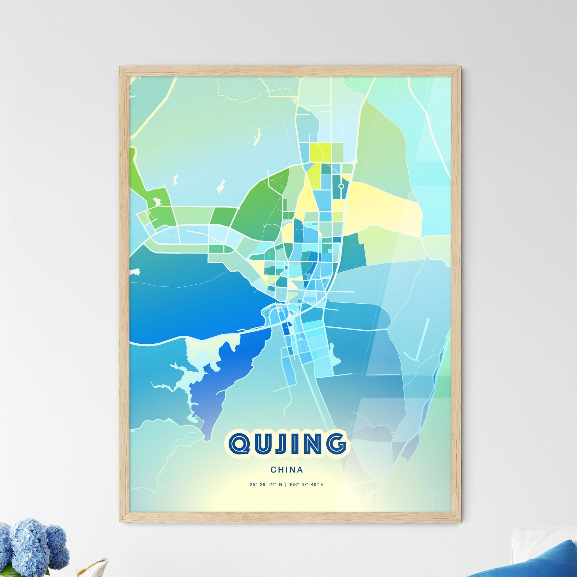 Colorful QUJING CHINA Fine Art Map Cool Blue