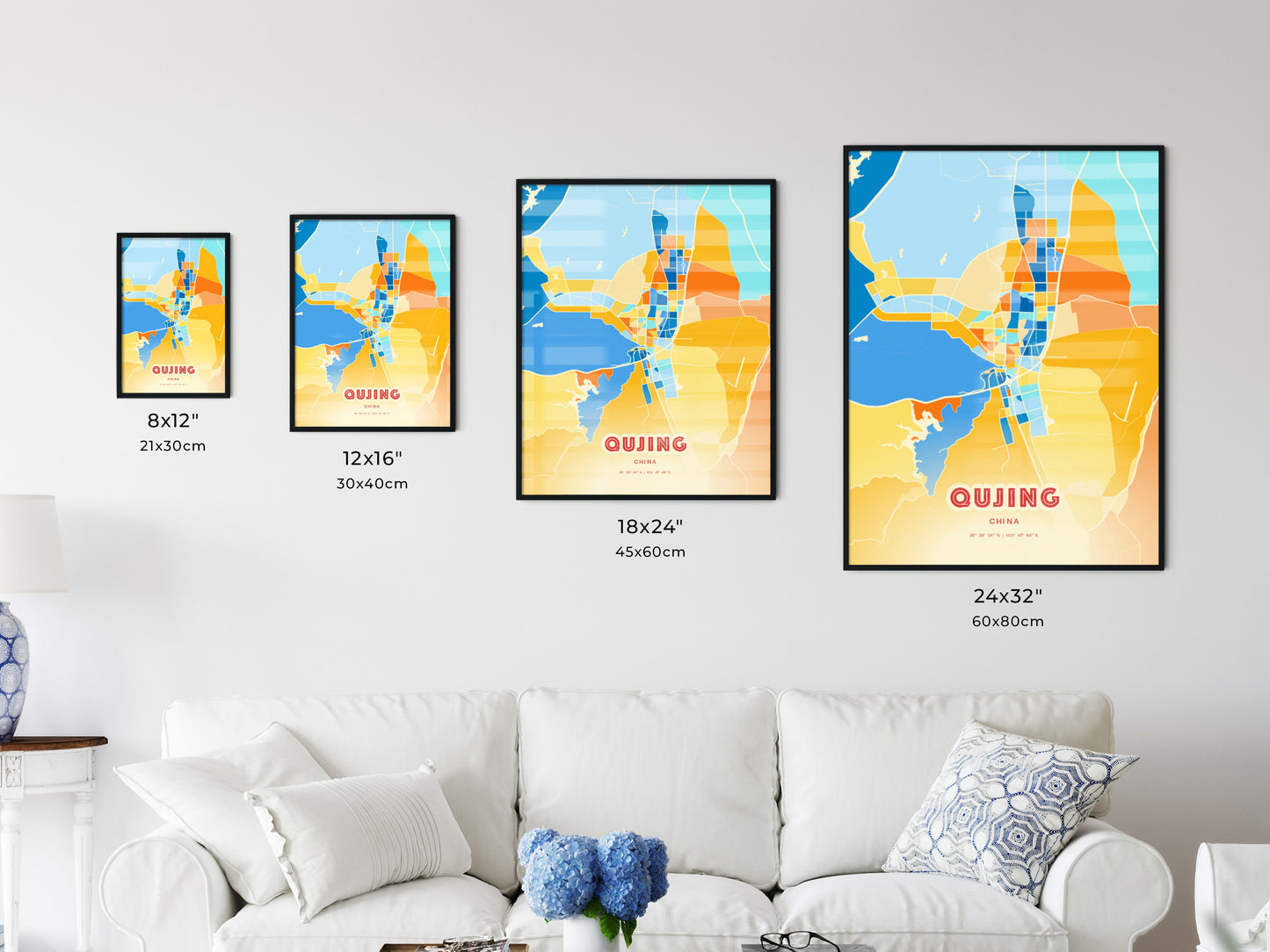 Colorful QUJING CHINA Fine Art Map Blue Orange