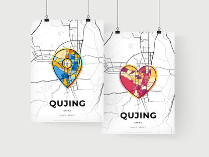 QUJING CHINA minimal art map with a colorful icon.