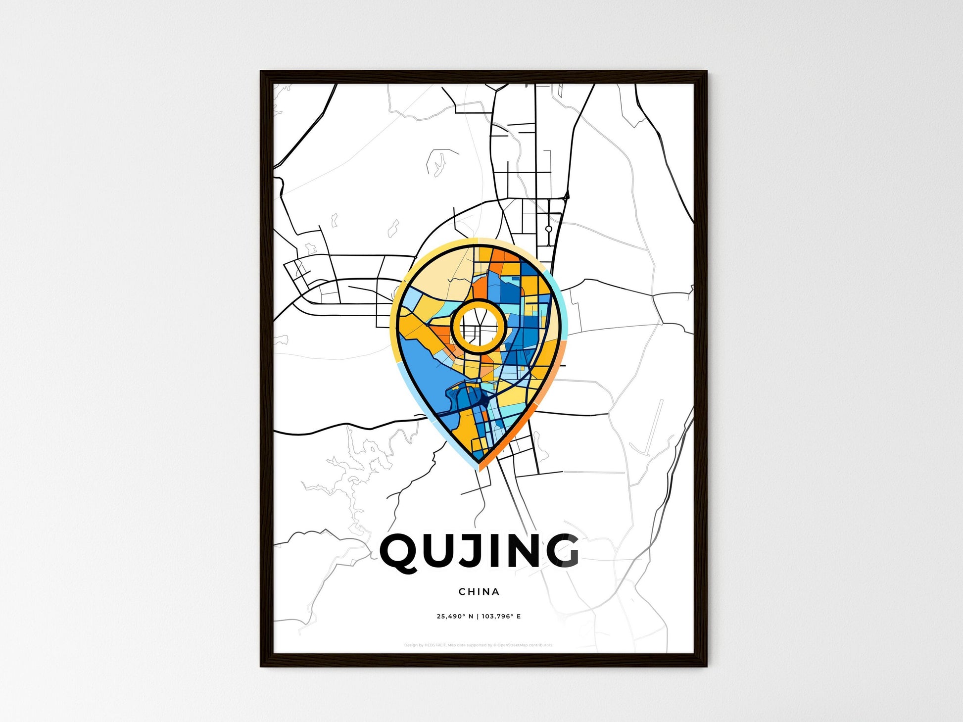 QUJING CHINA minimal art map with a colorful icon. Style 1