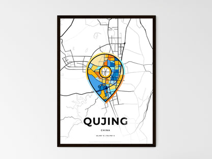 QUJING CHINA minimal art map with a colorful icon. Style 1