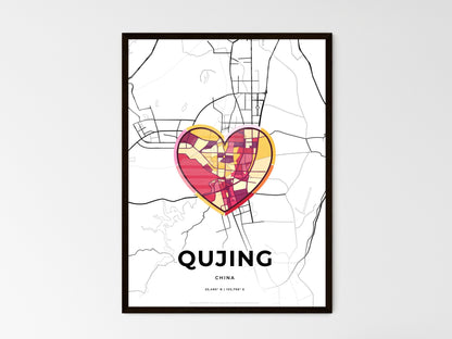 QUJING CHINA minimal art map with a colorful icon. Style 2