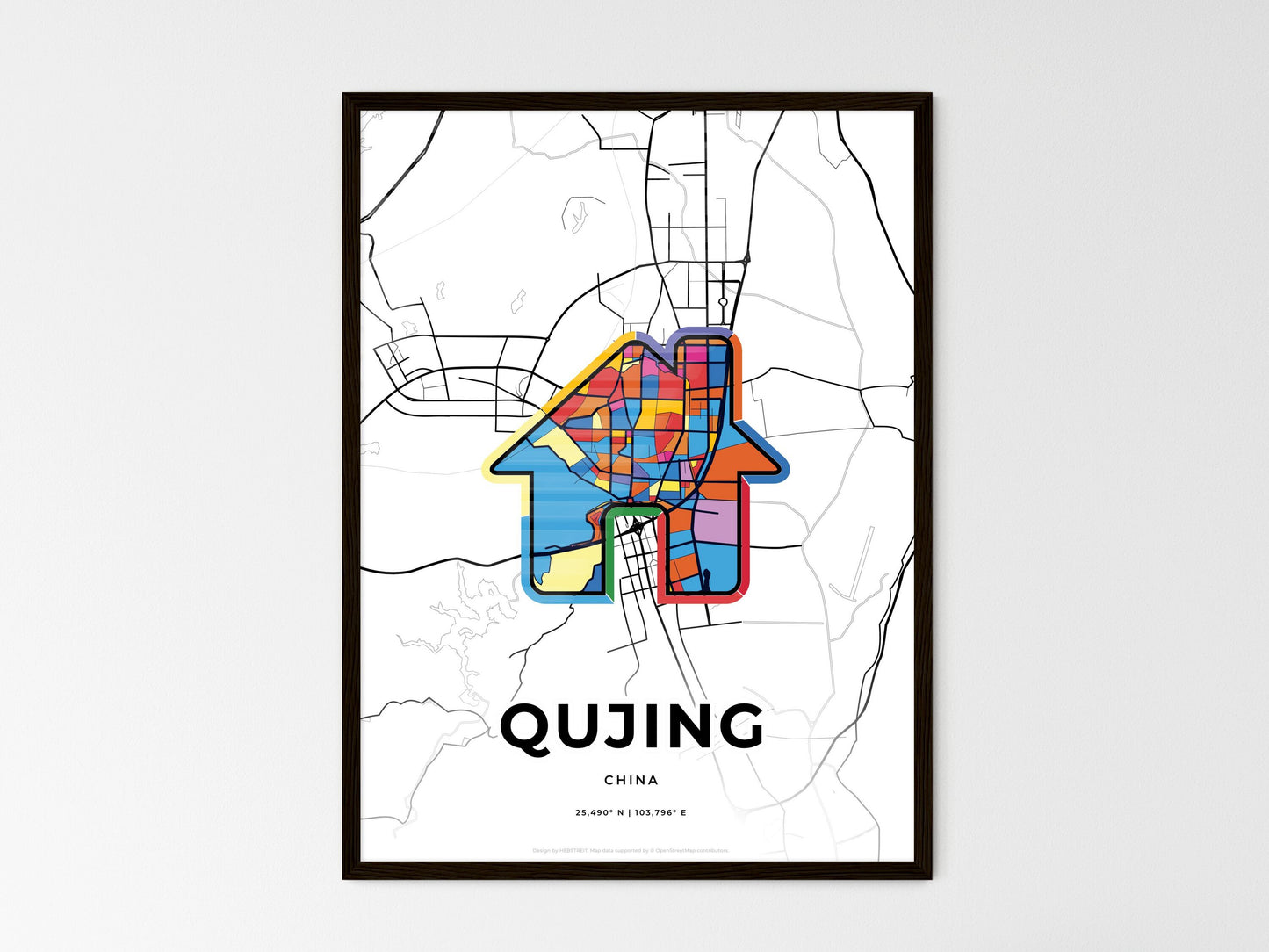 QUJING CHINA minimal art map with a colorful icon. Style 3