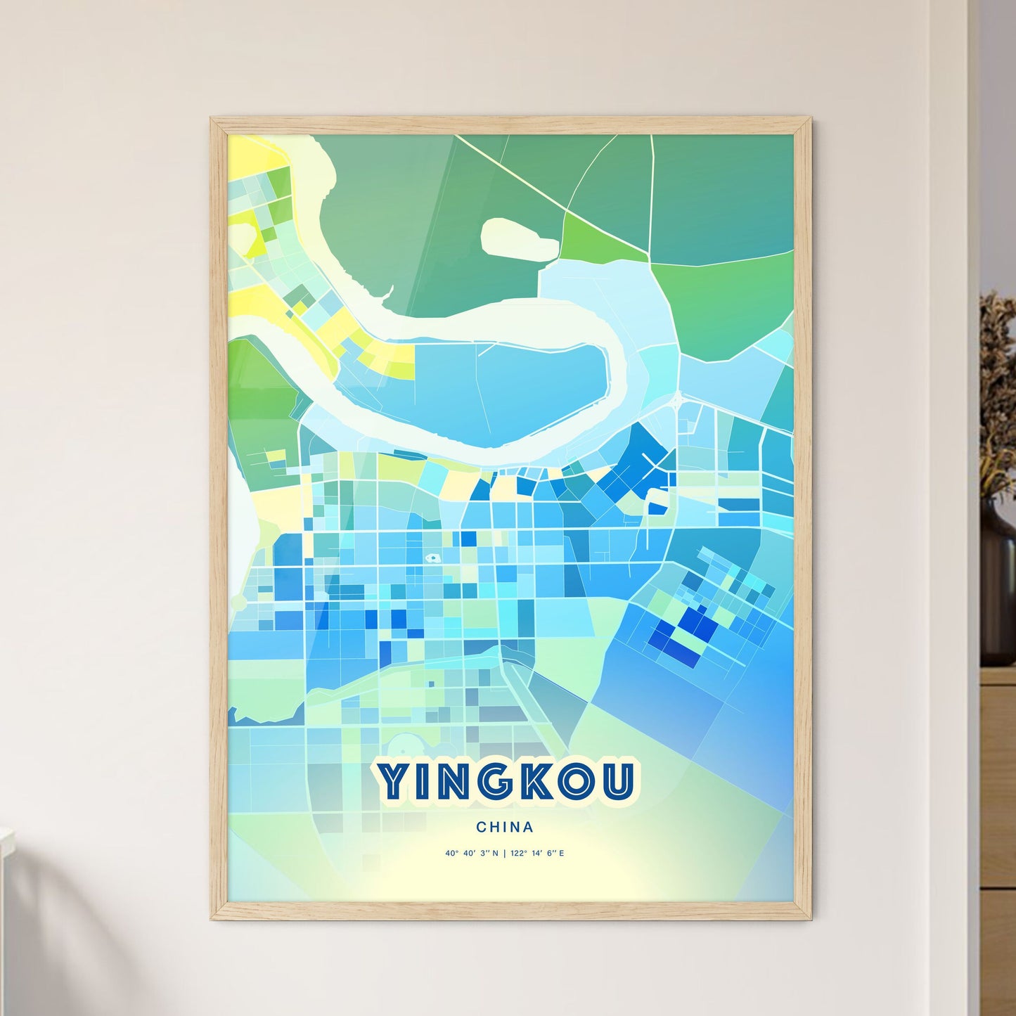 Colorful YINGKOU CHINA Fine Art Map Cool Blue