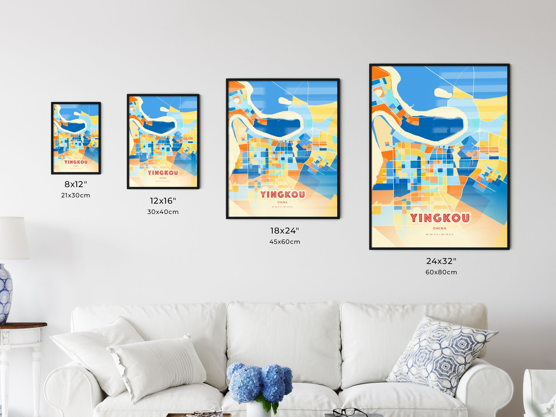 Colorful YINGKOU CHINA Fine Art Map Blue Orange