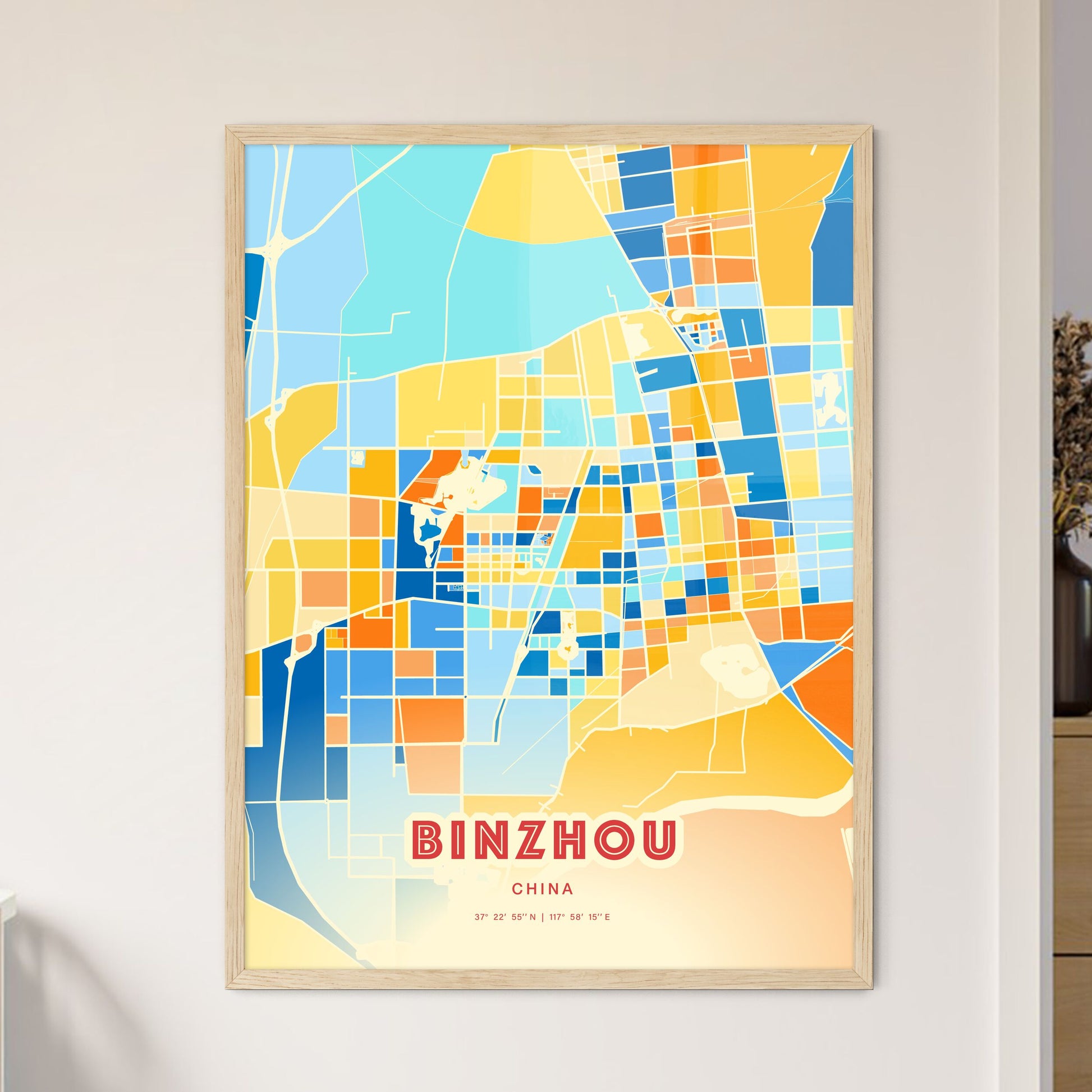 Colorful BINZHOU CHINA Fine Art Map Blue Orange