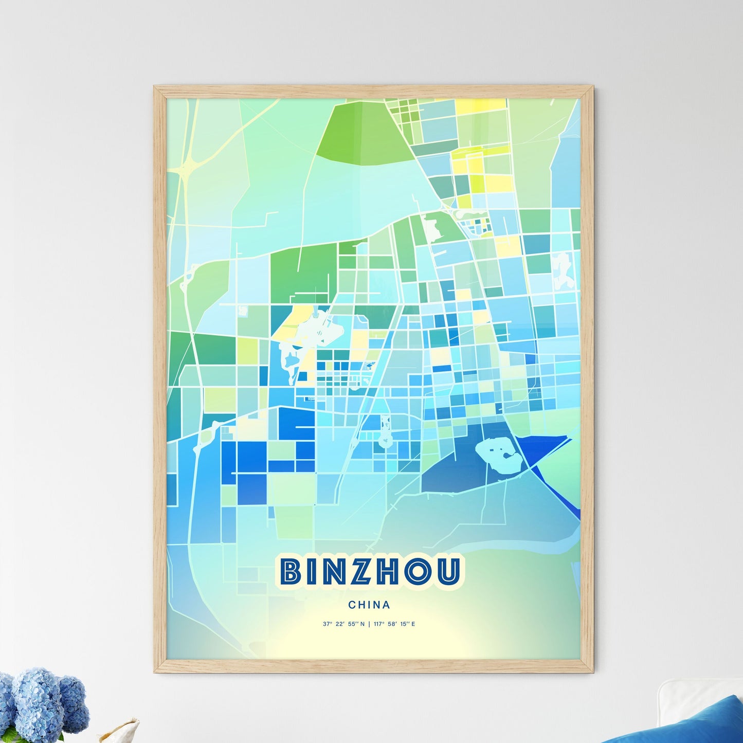 Colorful BINZHOU CHINA Fine Art Map Cool Blue